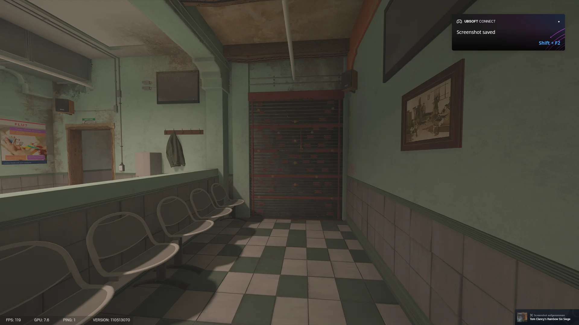 Clinic waiting room on Fortress 1F with a reinforced shutter, a row of chairs, a reception window with a poster, and a checkered floor