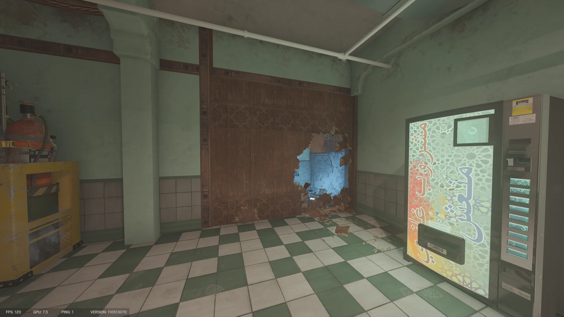 Room on Fortress 1F with a breach hole through a wood-panel wall, a vending machine, a gas cylinder on a road case, and a checkered floor