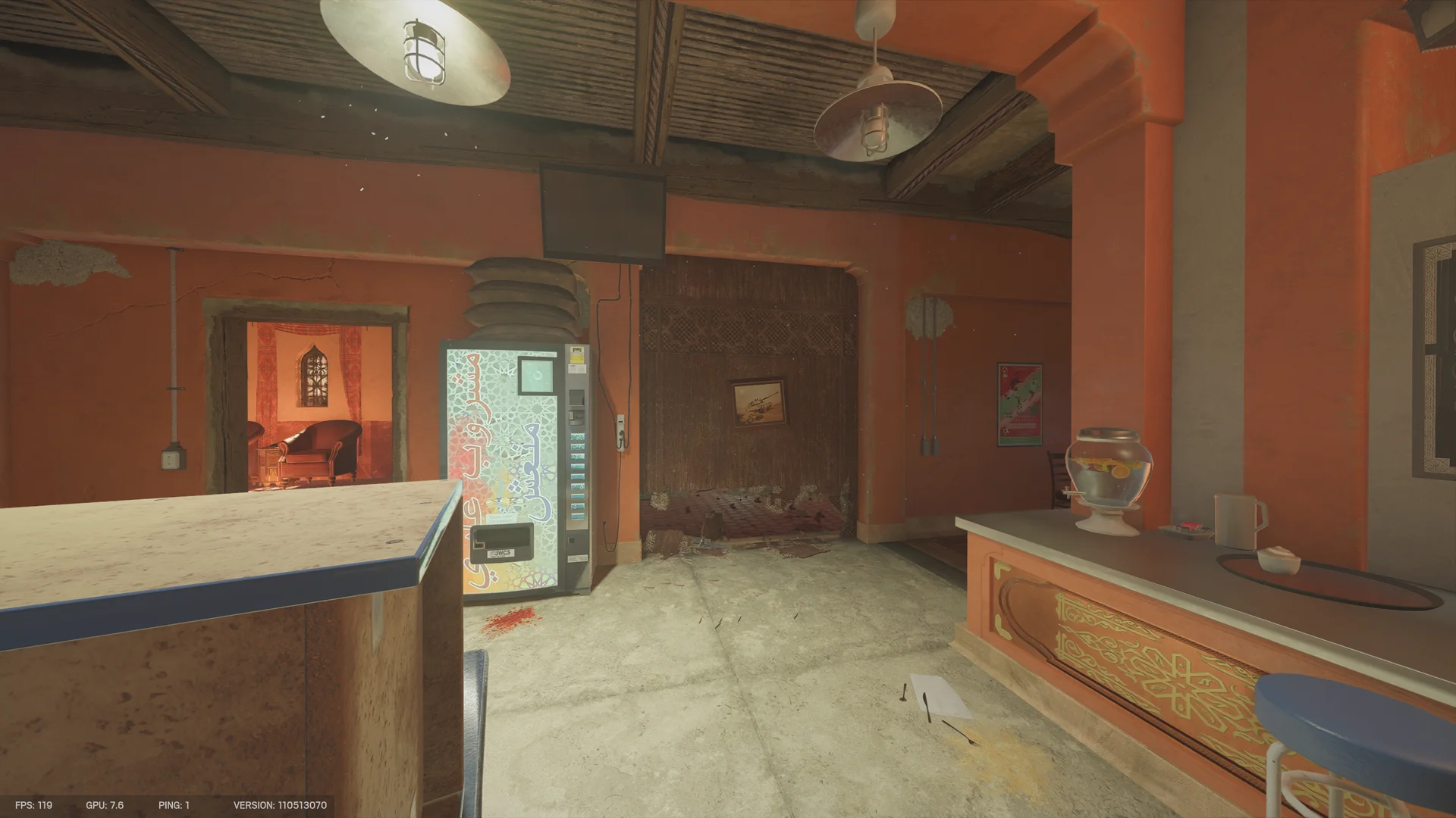 Cafe on Fortress 1F with a vending machine, a bar counter with a glass drink dispenser, a pendant lamp, and a doorway to a red-lit room
