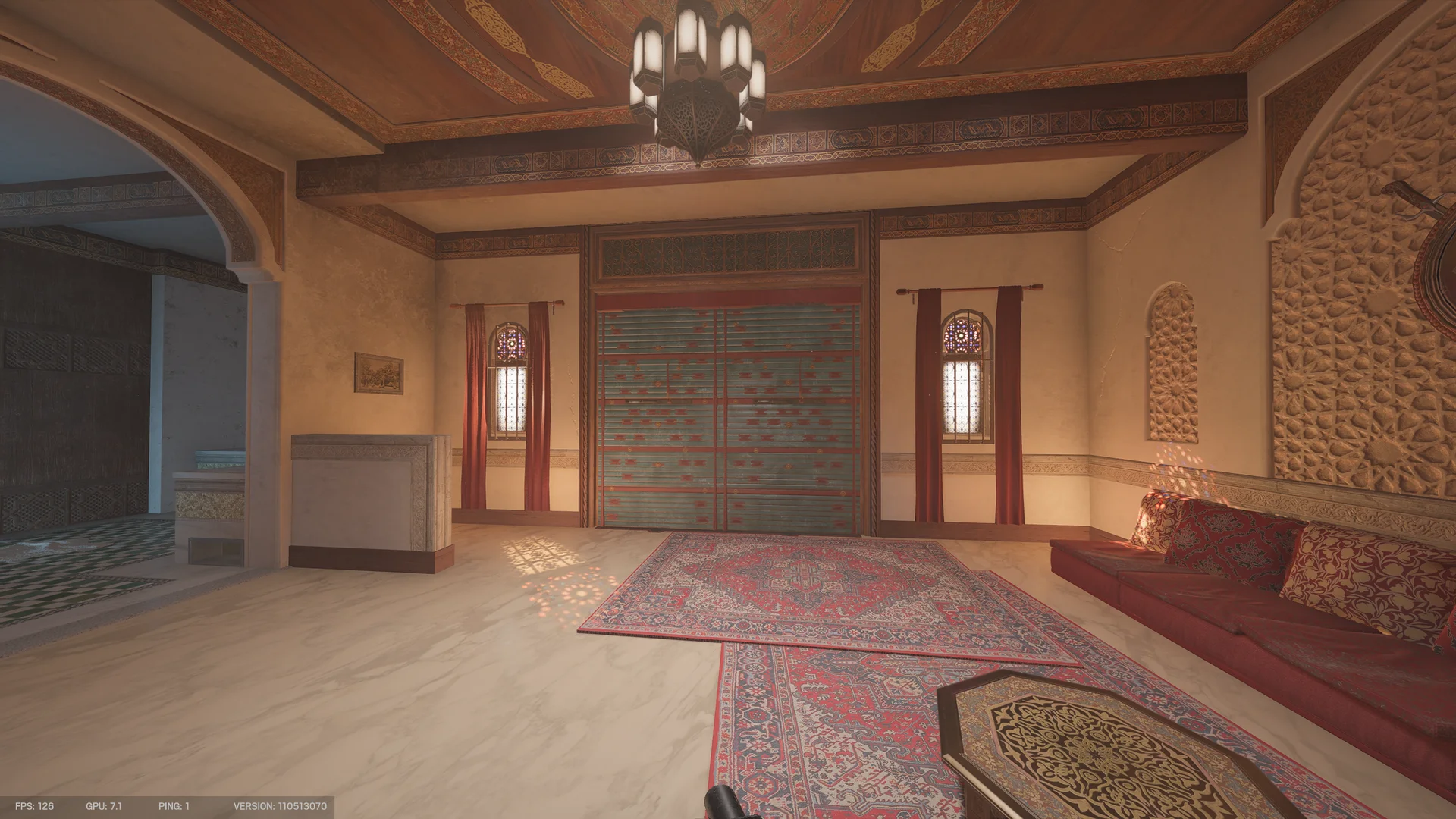 Ornate lounge on Fortress 1F with a reinforced shutter, stained-glass windows with red curtains, patterned rugs, and a low cushioned bench