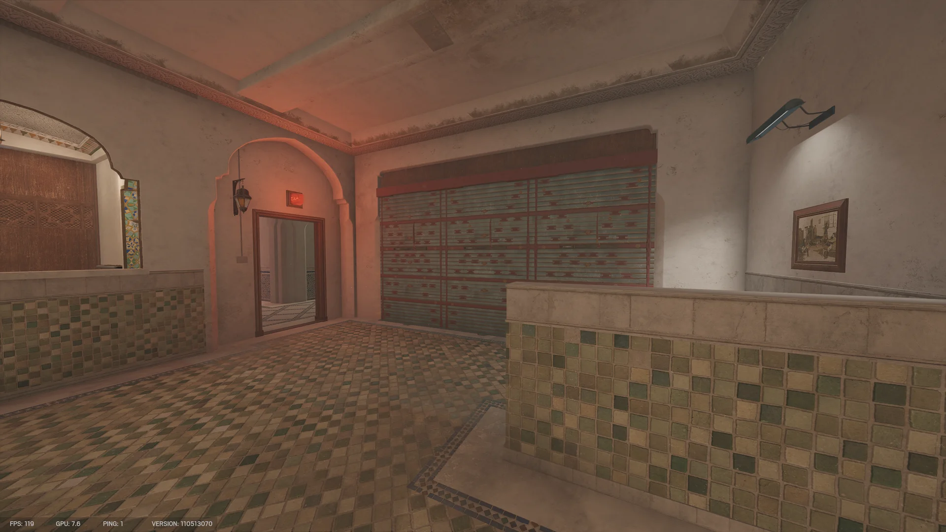 Bathhouse on Fortress 1F with green mosaic tiling, a reinforced shutter in a recess, an arched doorway with a lantern, and a framed picture