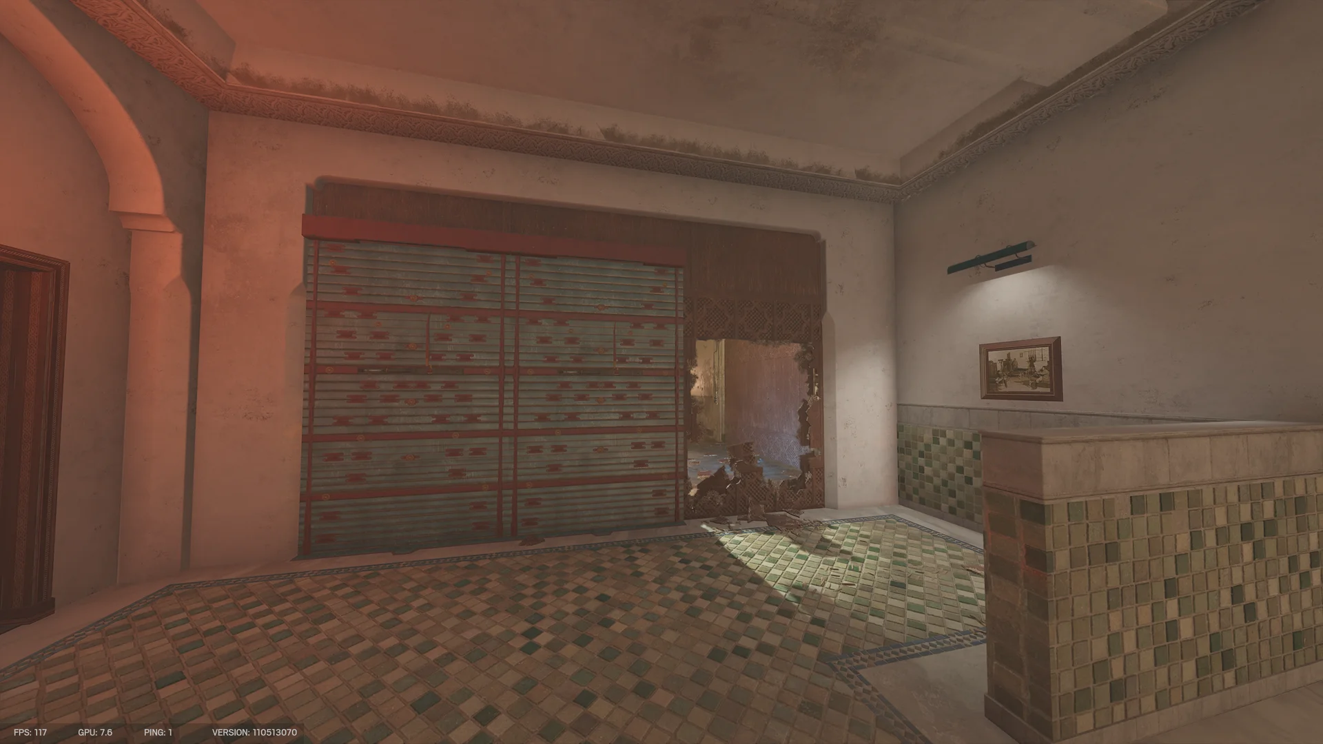 Bathhouse on Fortress 2F with a reinforced shutter, a breach hole to a dim adjacent room, green mosaic tiling, and a framed picture