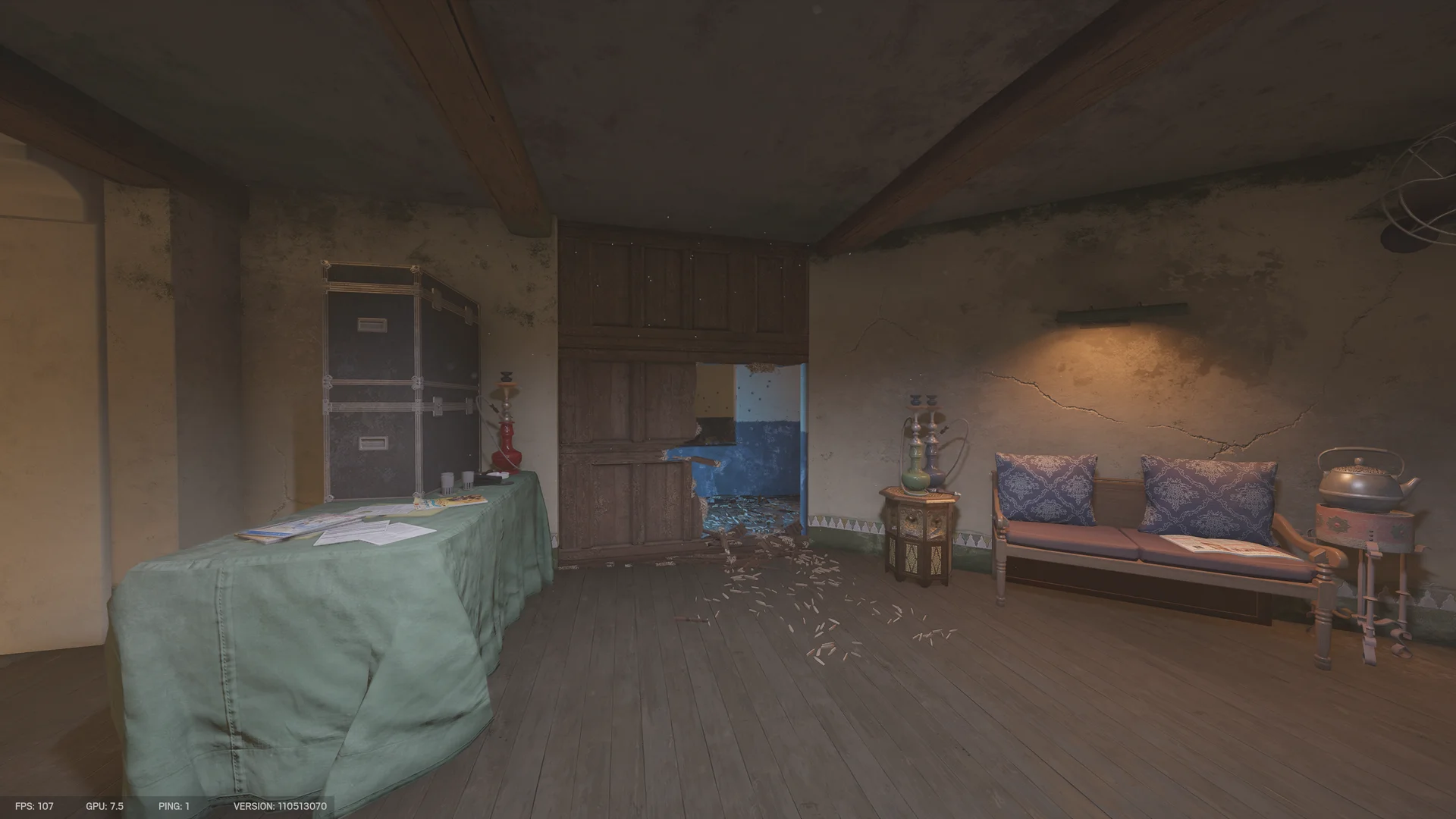 Ornate lounge on Fortress 2F with a reinforced shutter, stained-glass windows, red curtains, patterned rugs, and a shield on the wall