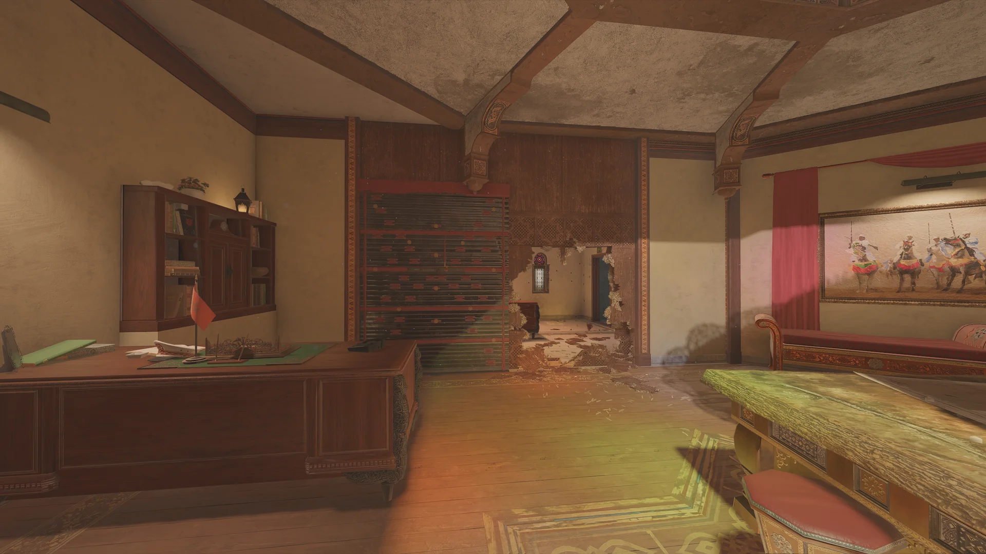 Office on Fortress 2F with a large wooden desk, a bookcase, a reinforced shutter, a flag, and a framed painting of riders on the wall