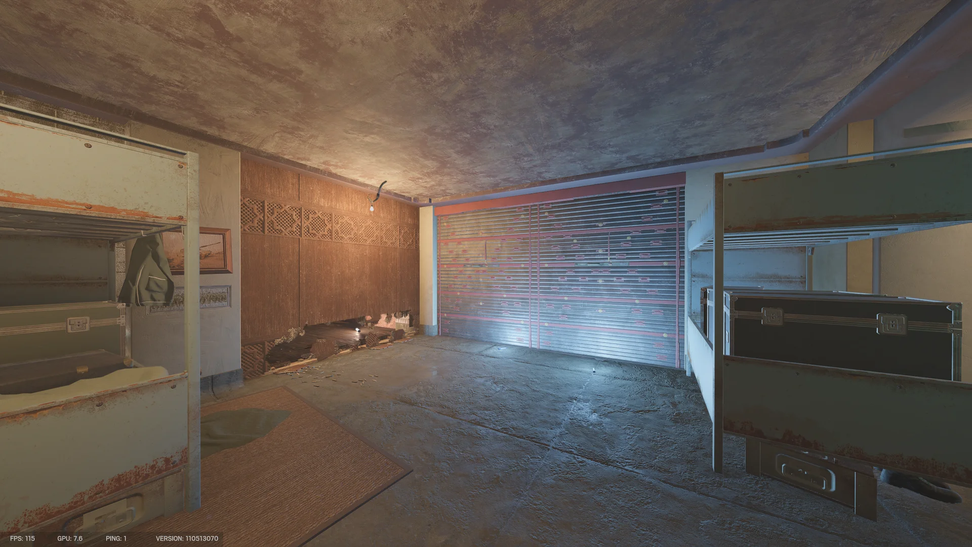 Dim room on Fortress 2F with a reinforced shutter, road cases along the walls, a wood-panel wall with a low breach hole, and a rug