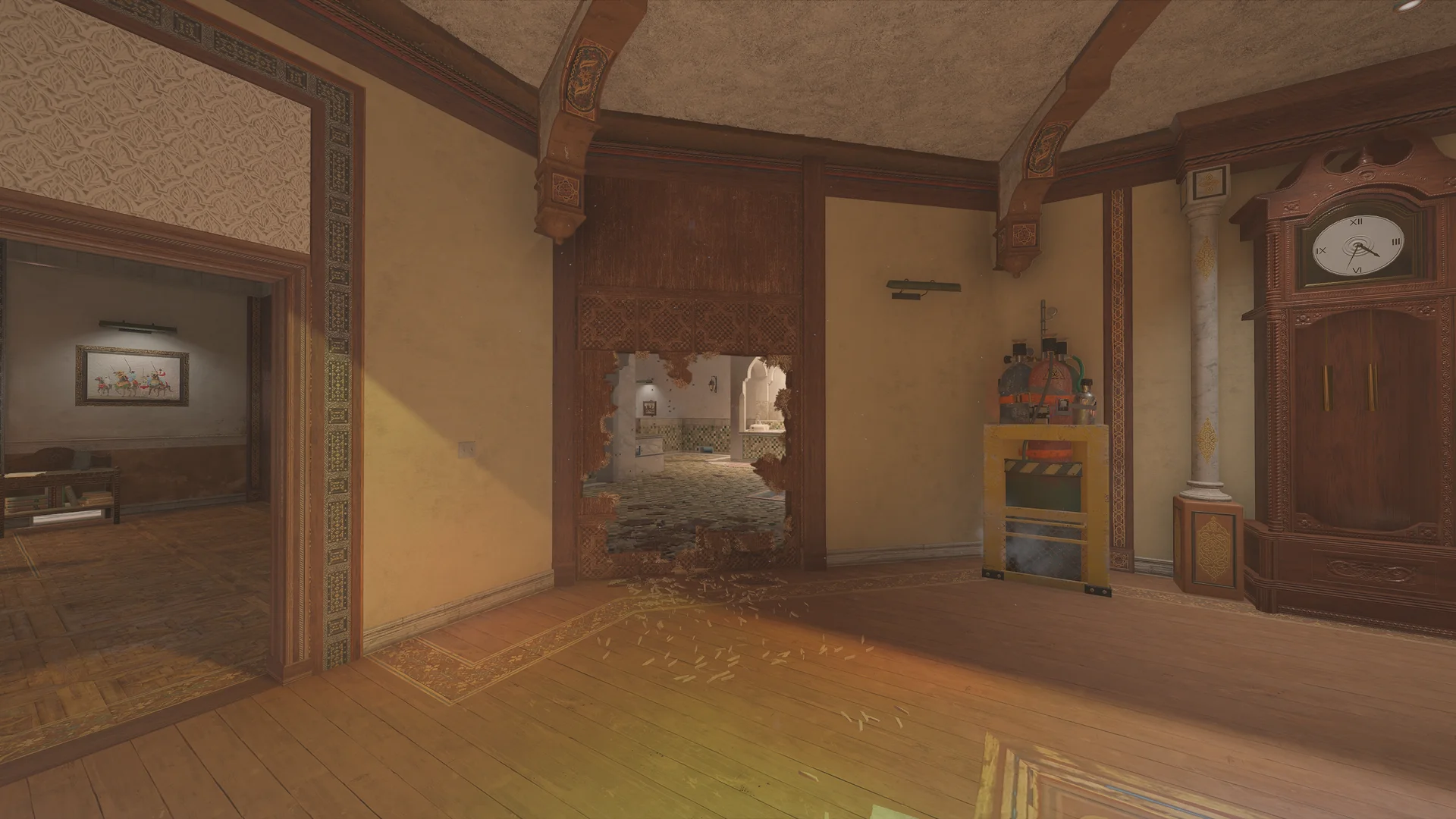 Ornate room on Fortress 2F with a breach hole through a wood-panel wall to a tiled room, a grandfather clock, gas cylinders on a road case