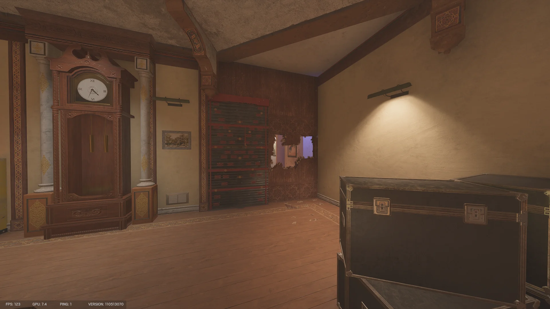 Ornate room on Fortress 2F with a grandfather clock, a reinforced shutter, a breach hole through a wood-panel wall, and road case trunks