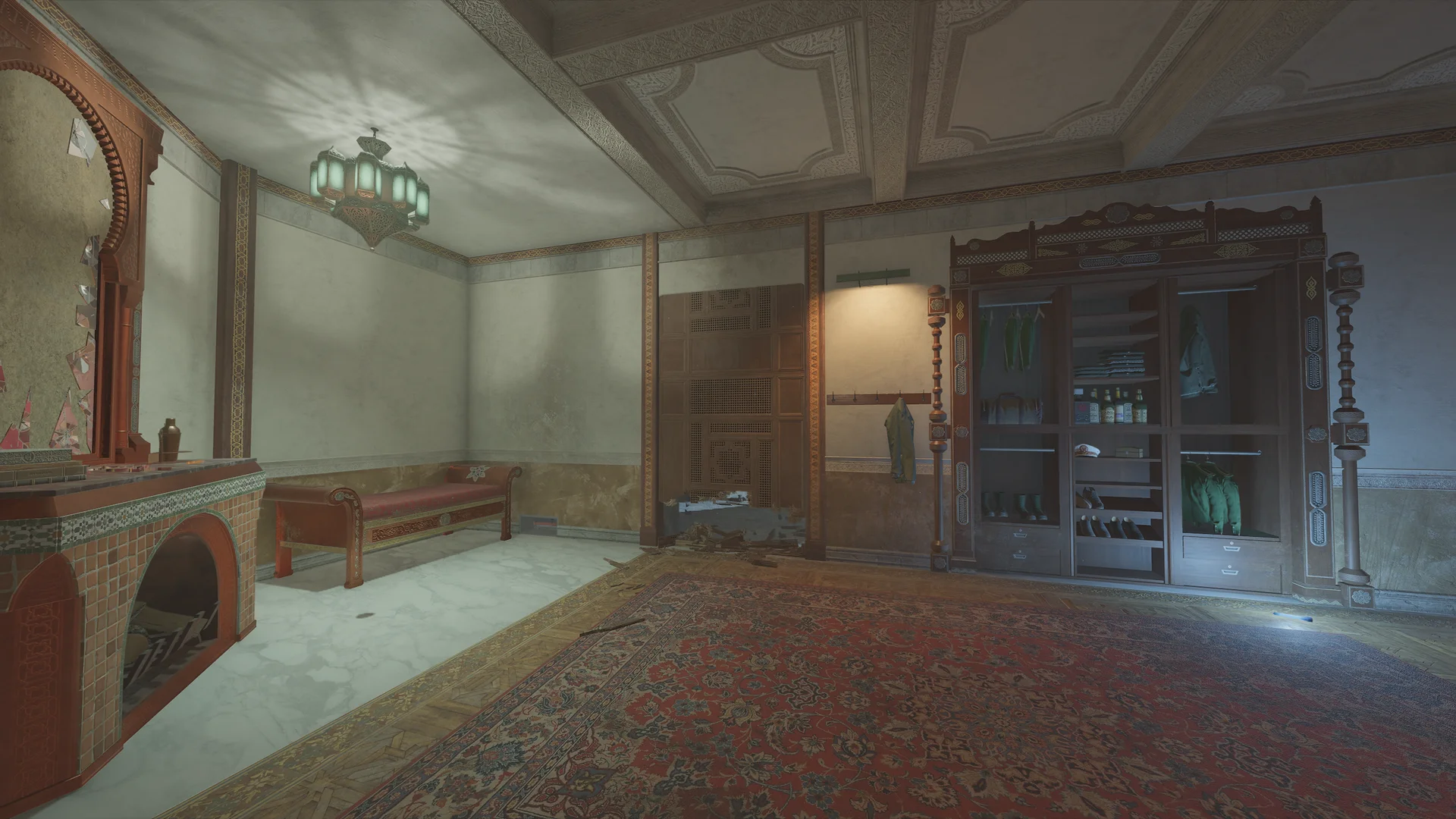Lounge on Fortress 2F with an arched mirror, a cushioned bench, a hanging lantern, a wardrobe holding towels and robes, and a patterned rug