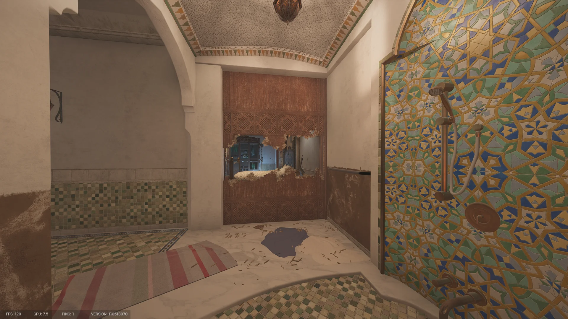 Bathroom on Fortress 2F with a mosaic-tiled shower wall, a brass showerhead, a breach hole through a wood-panel wall, and a striped rug