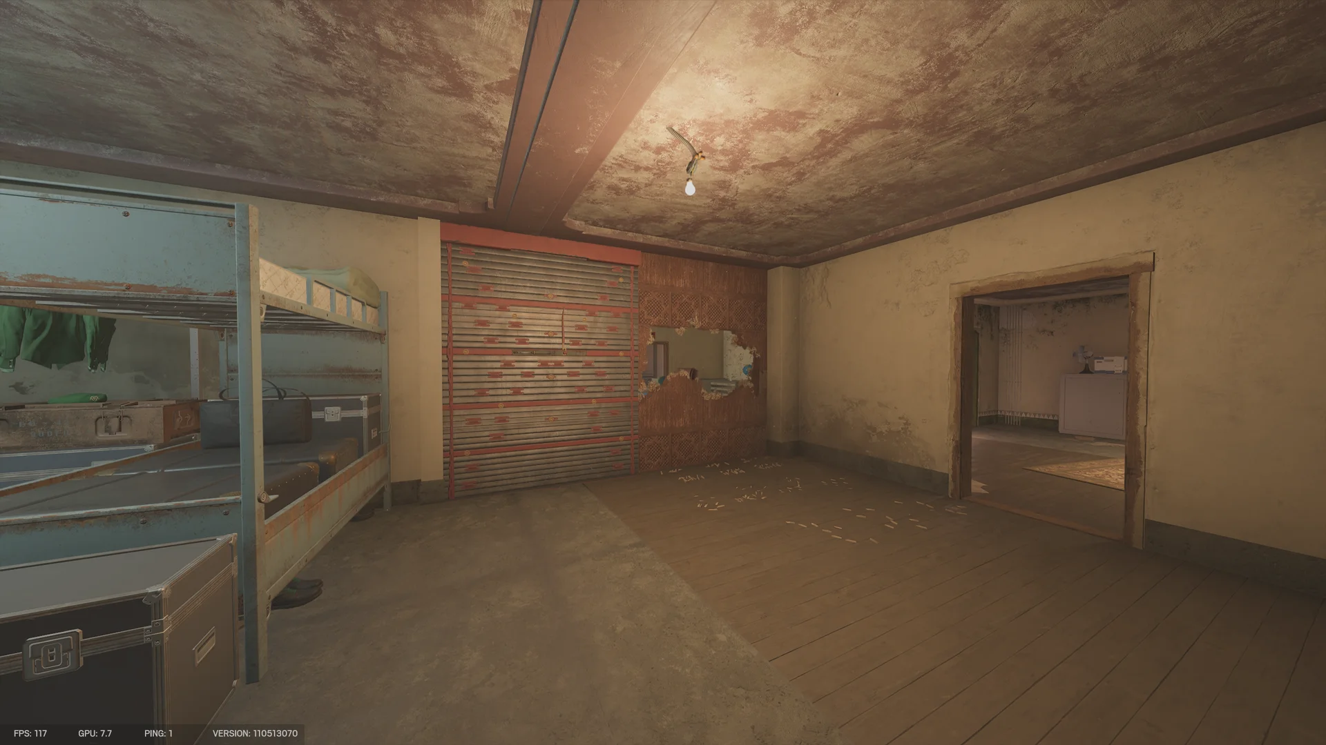 Dorm on Fortress 2F with a metal bunk bed, a road case trunk, a reinforced shutter, a breach hole through a wood-panel wall, and a doorway