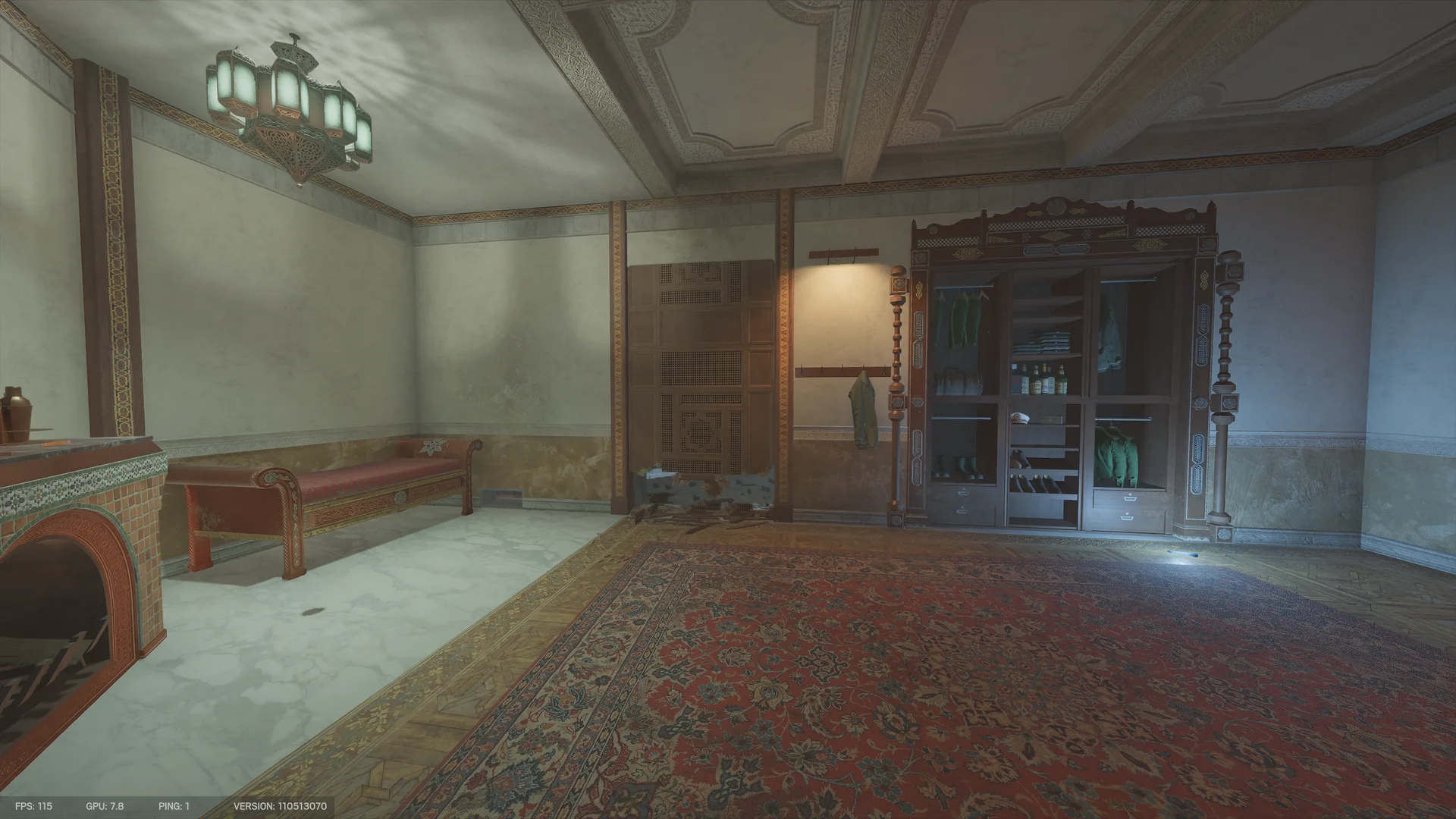 Ornate lounge on Fortress 2F with a mosaic-tiled fireplace, a cushioned bench, a hanging lantern, and a wardrobe holding towels and robes