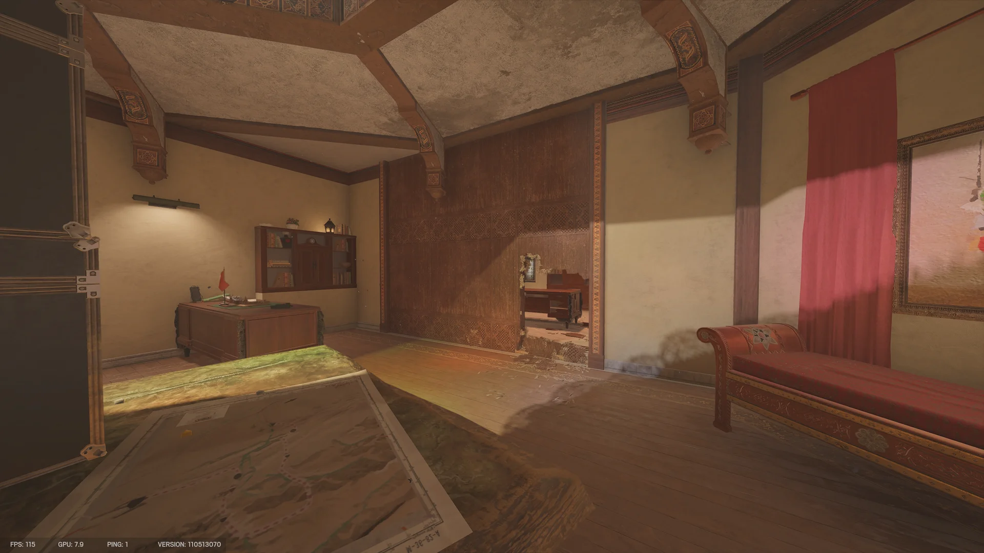 Office on Fortress 2F with a wooden desk, a flag, a wall bookcase with a clock, a breach hole through a wood-panel wall, and a red chaise