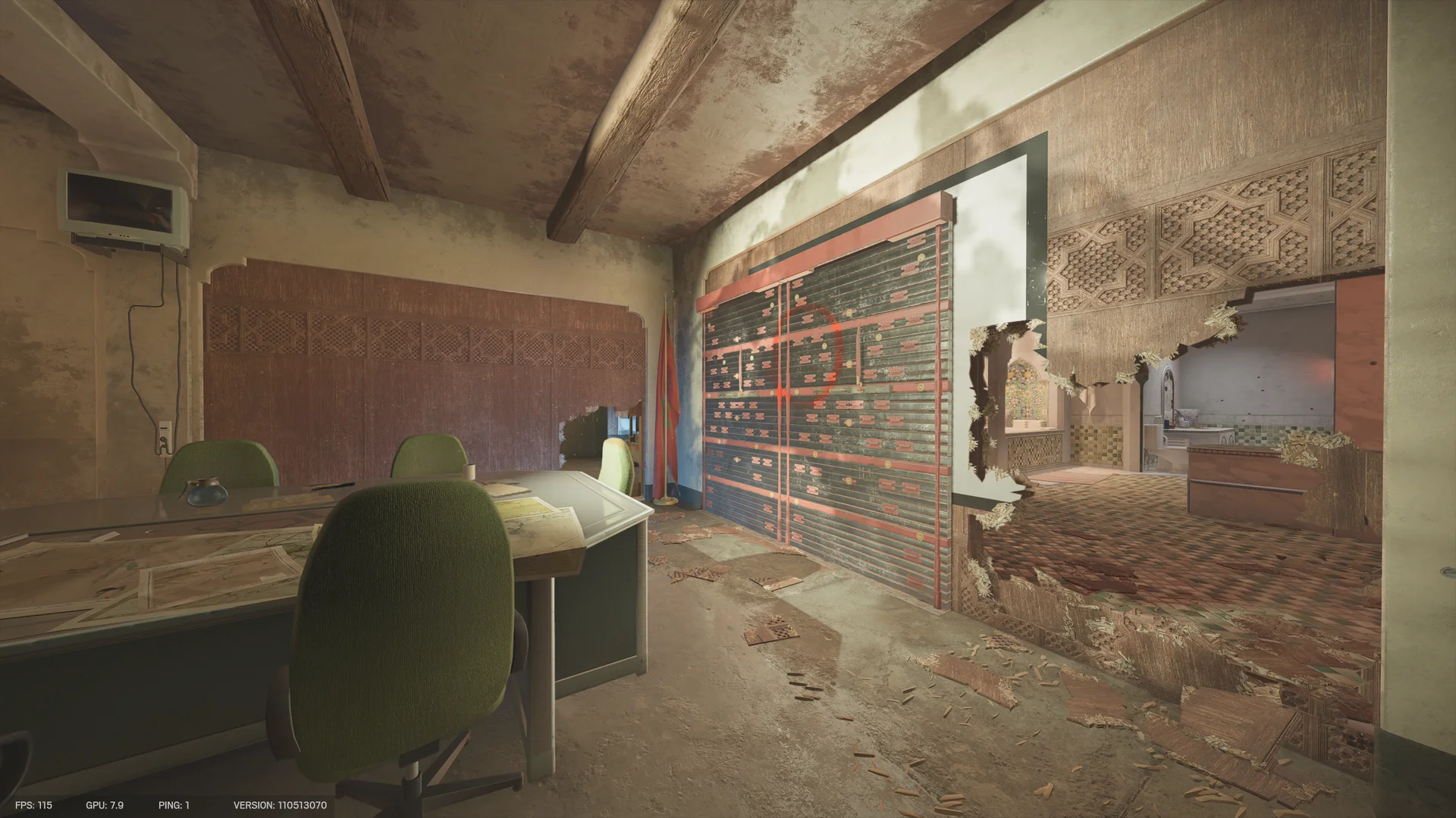 Office on Fortress 2F with a green chair at a glass-topped desk, a reinforced shutter, a flag, and a breach hole to an adjacent tiled room