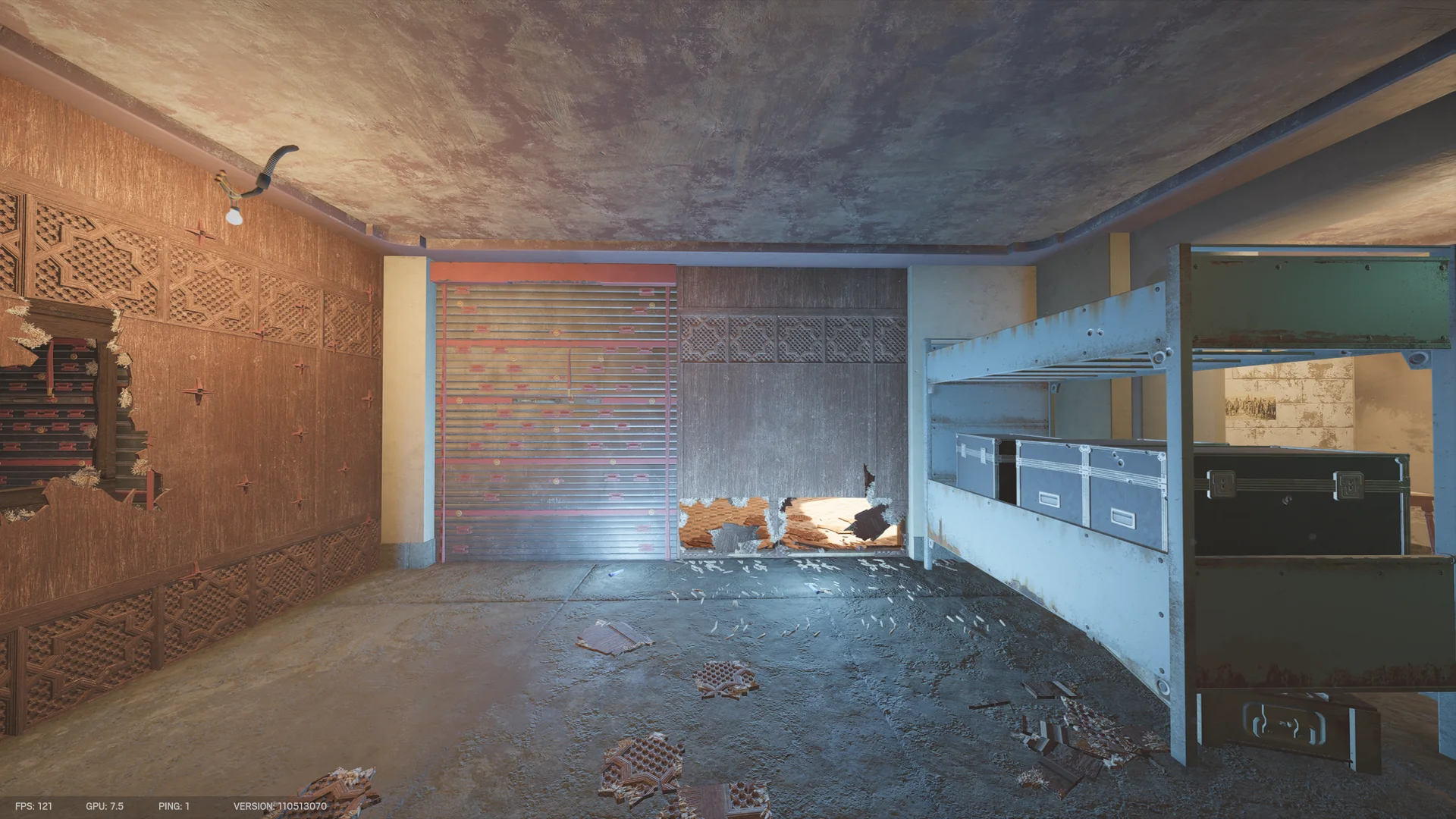 Storage room on Fortress 2F with a reinforced shutter, breach holes through wood-panel walls, metal shelving with storage trunks, and debris