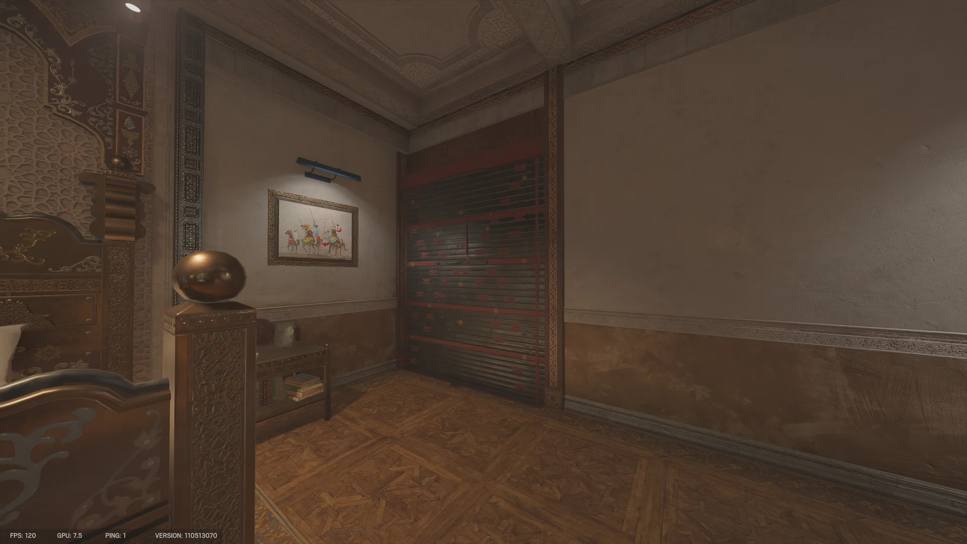 Bedroom on Fortress 2F with an ornate carved wooden bed, a reinforced shutter, a framed painting of riders, and a side table with books
