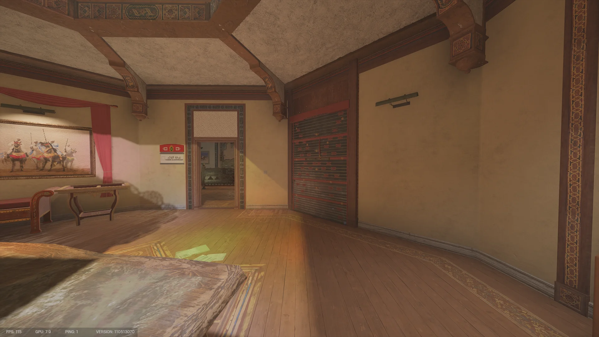 Room on Fortress 2F with a reinforced shutter, a framed rider painting, a console table, and a doorway with a plaque to an adjacent room