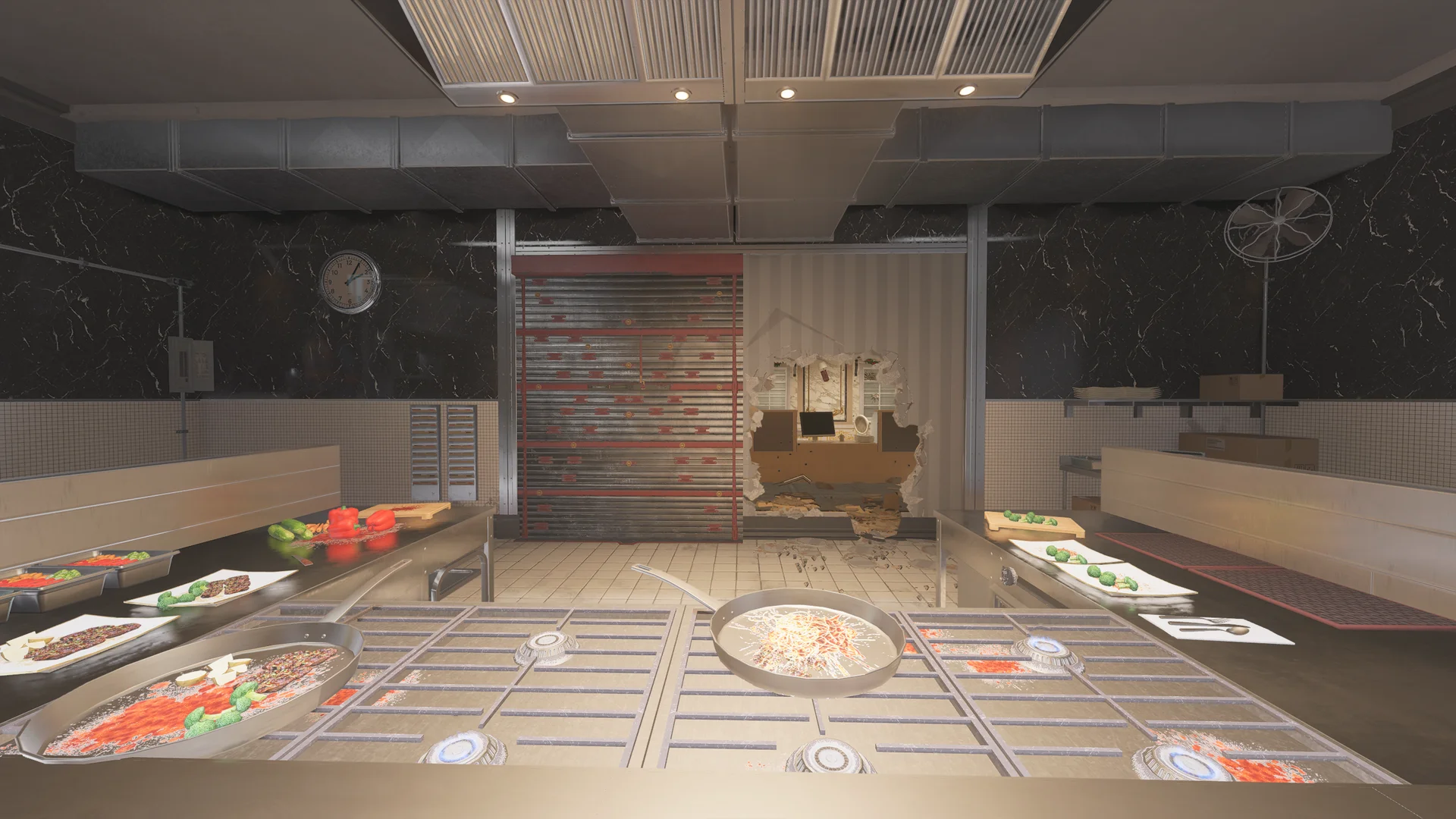 Commercial kitchen on Kafe Dostoyevsky 1F with stainless counters of food, a reinforced shutter, a wall breach hole, a clock, and a fan