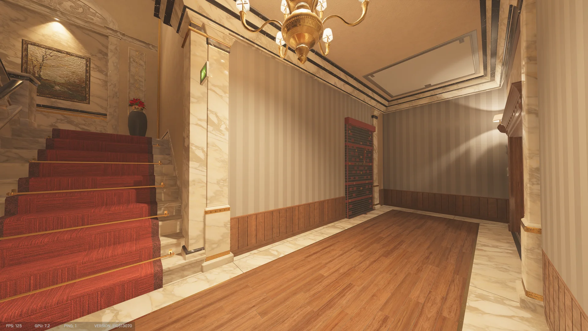 Grand hall on Kafe Dostoyevsky 1F with a red-carpeted staircase, gold railings, a chandelier, a framed painting, and a reinforced shutter