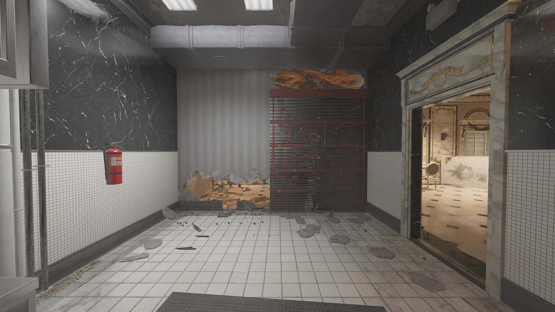 Corridor on Kafe Dostoyevsky 1F with a reinforced shutter, a breach hole to an adjacent room, a fire extinguisher, and a mirrored doorway
