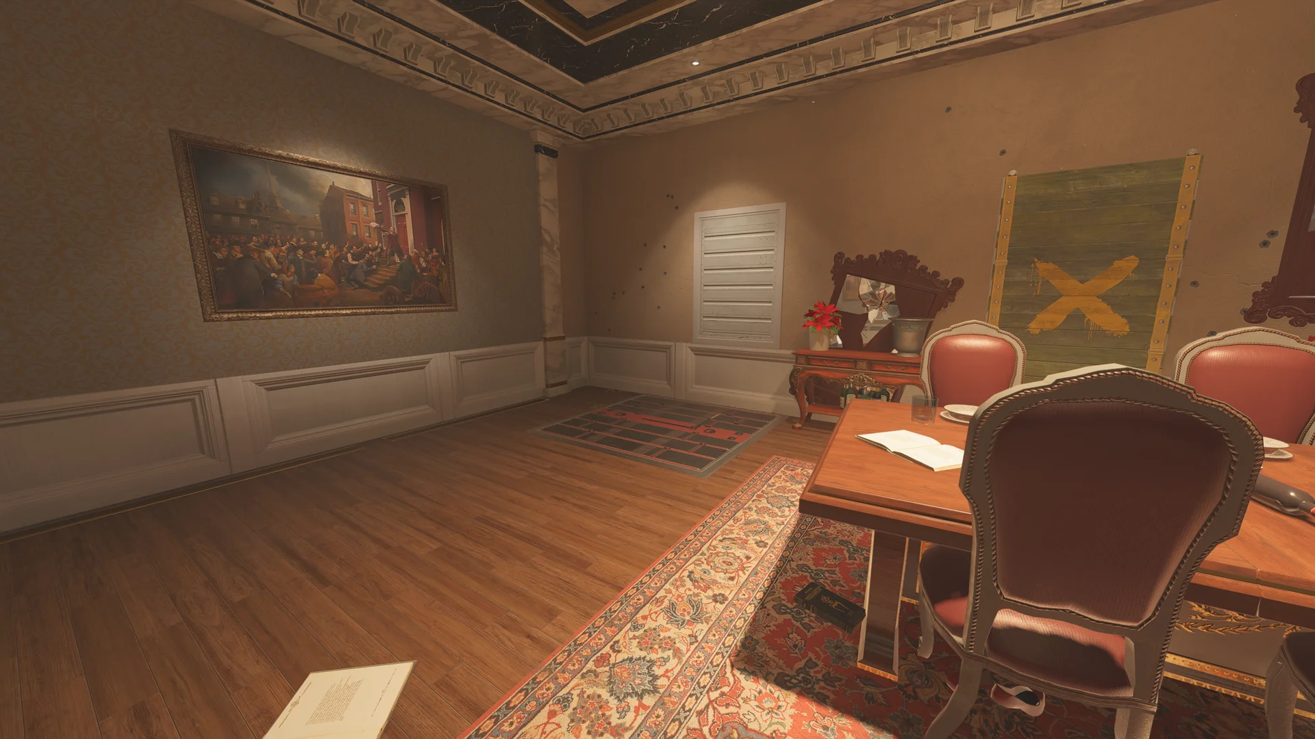 Dining room on Kafe Dostoyevsky 1F with a table and red chairs, a framed painting, a mirrored sideboard, and a green panel with a yellow X