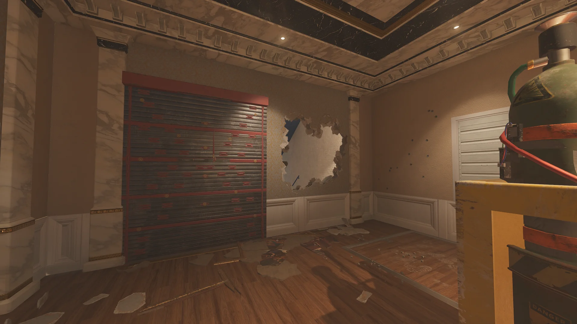 Marble room on Kafe Dostoyevsky 2F with a reinforced shutter, a breach hole through the wall, a louvered vent, and a gas cylinder on a cart