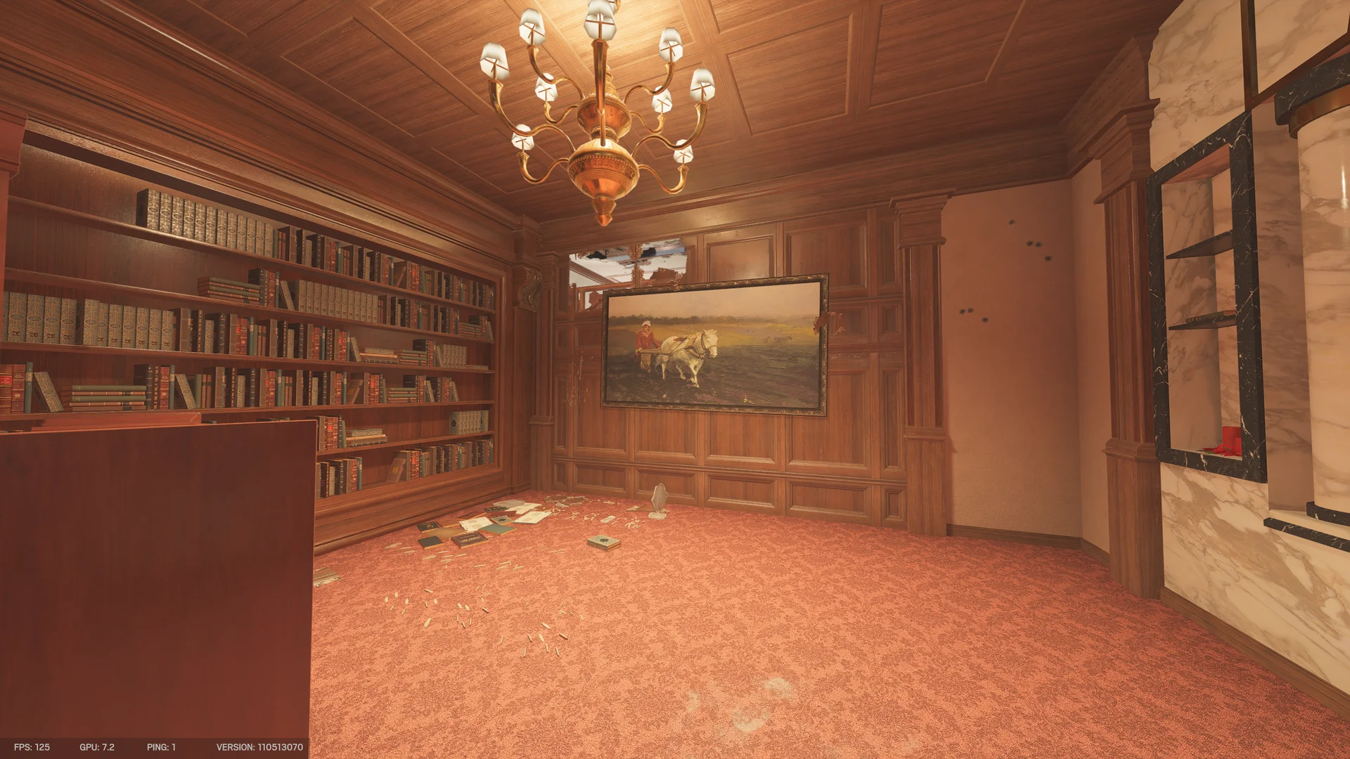 Library on Kafe Dostoyevsky 2F with tall bookshelves, a chandelier, a framed painting of a horse and plowman, and scattered books