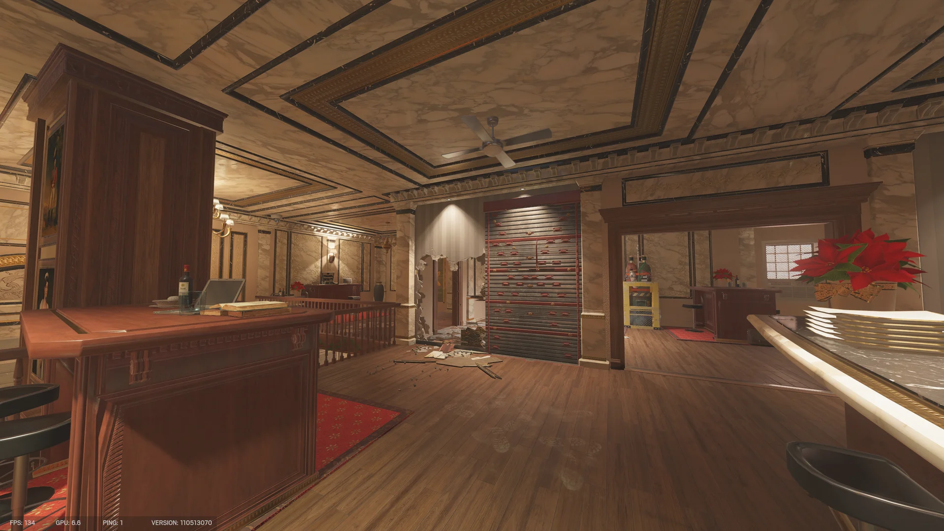 Grand landing on Kafe Dostoyevsky with a wooden bar counter, a reinforced shutter, a breach hole, a ceiling fan, and a coffered ceiling