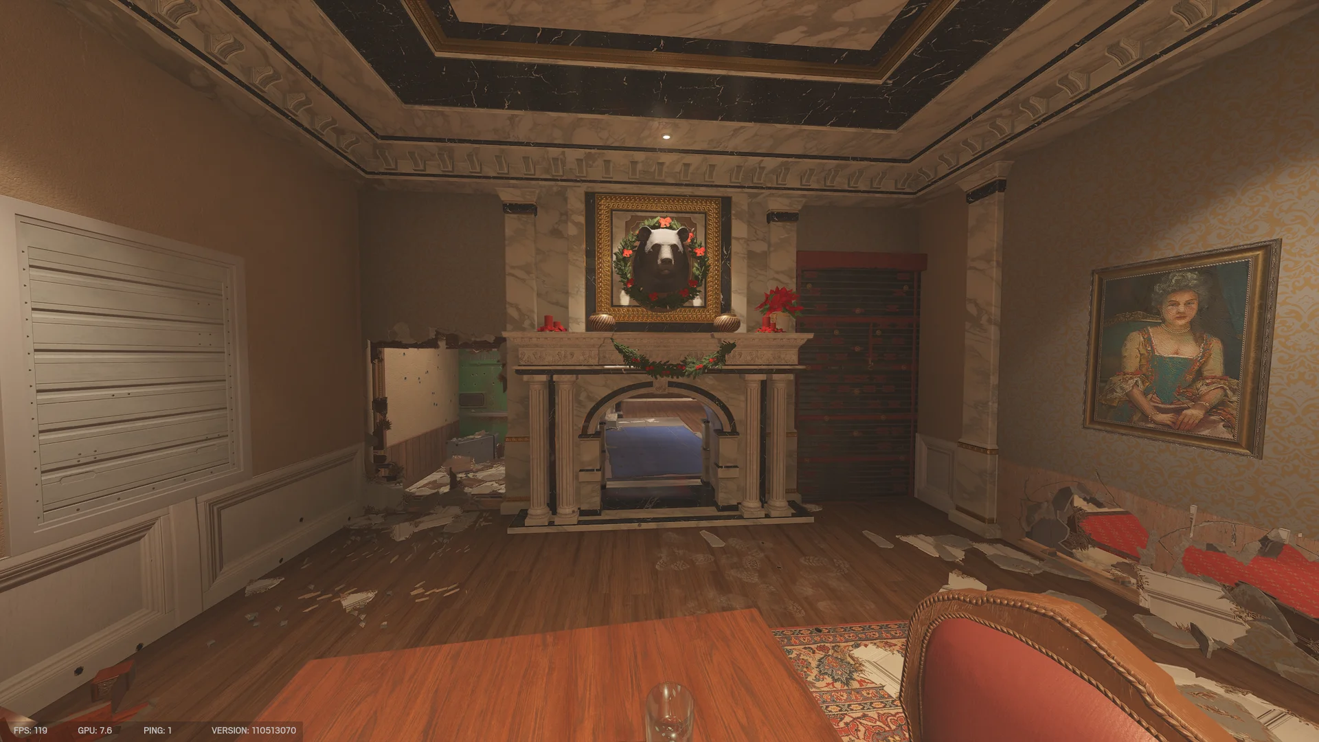 Dining room on Kafe Dostoyevsky 2F with a marble fireplace, a mounted bear head, a reinforced shutter, a framed portrait, and a table