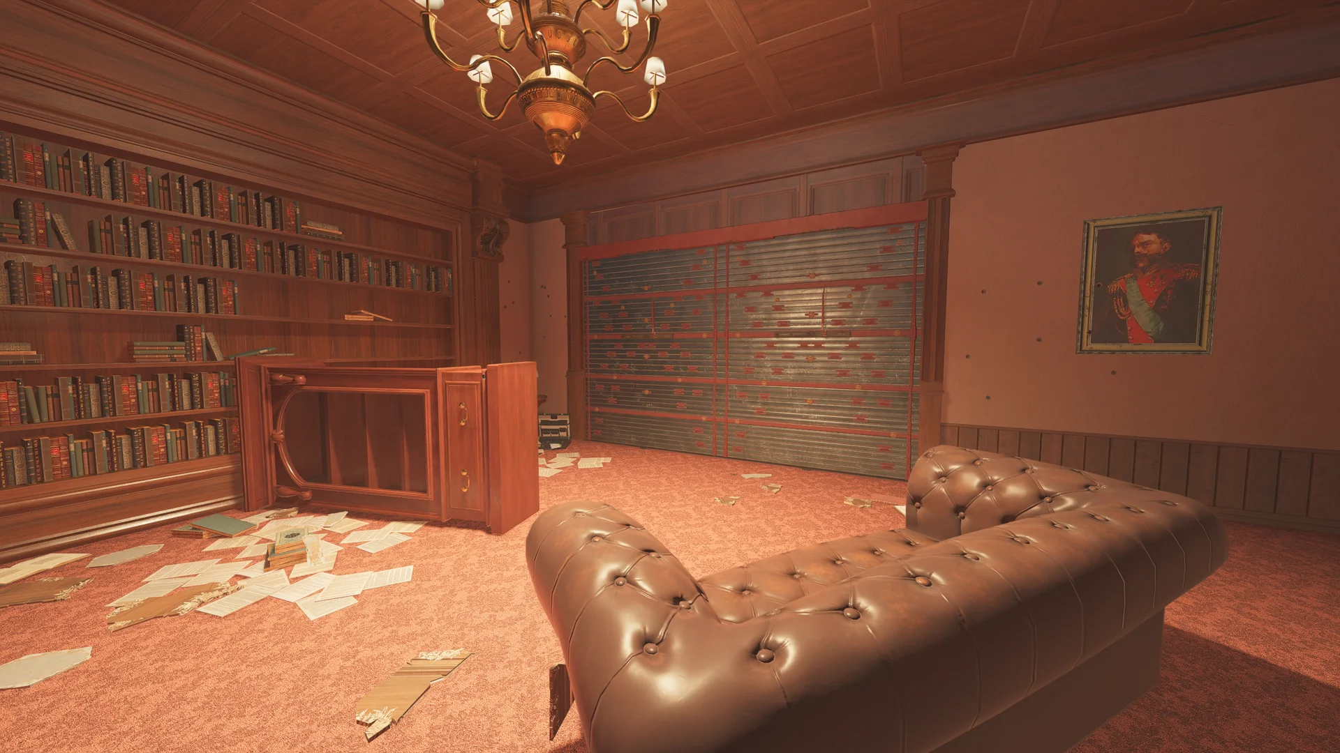 Library on Kafe Dostoyevsky with tall bookshelves, a chandelier, a reinforced shutter, a framed portrait, a sofa, and scattered papers