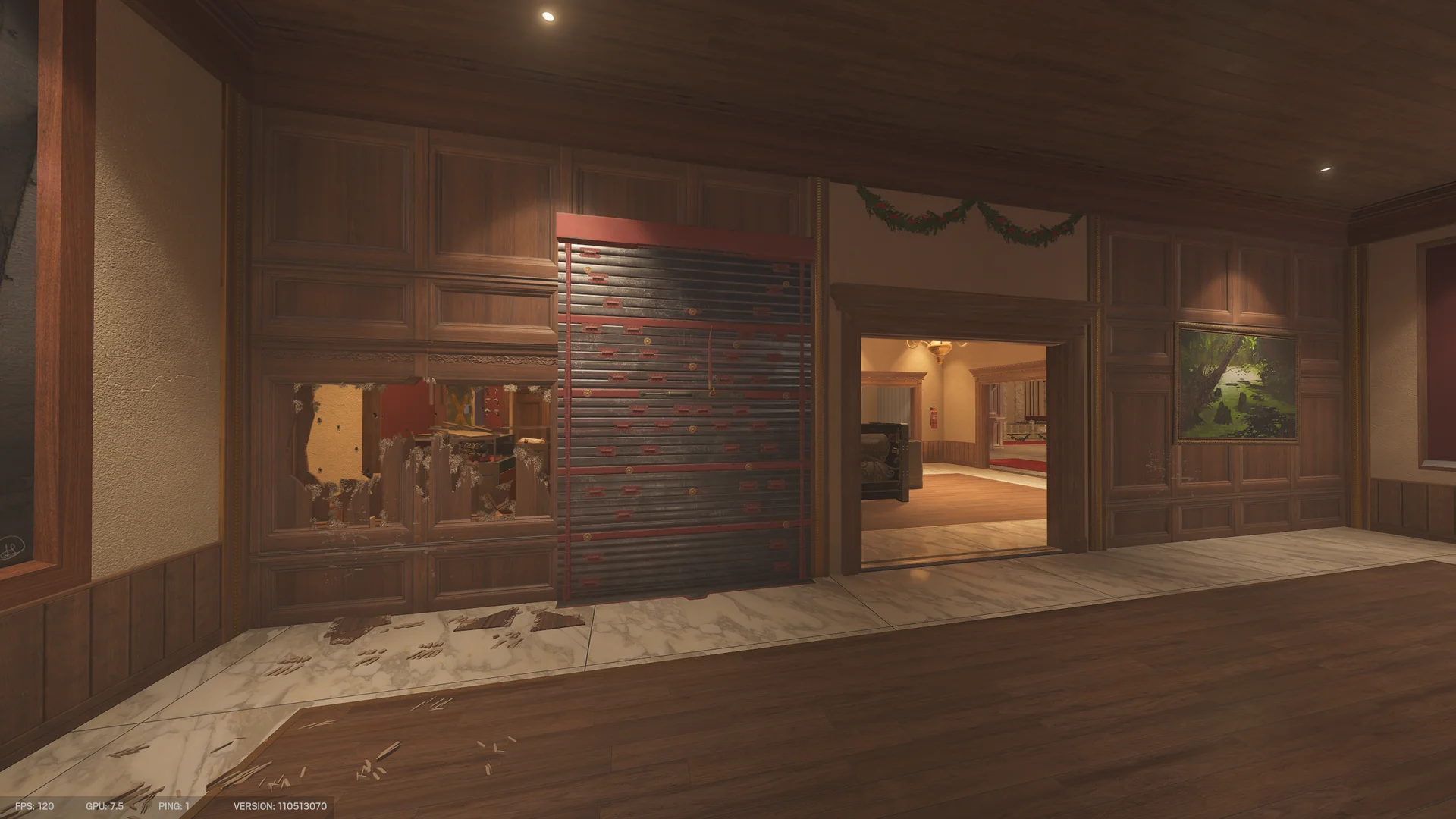 Wood-paneled gallery on Kafe Dostoyevsky 2F with a reinforced shutter, a breach hole through the paneling, a doorway, and a framed landscape