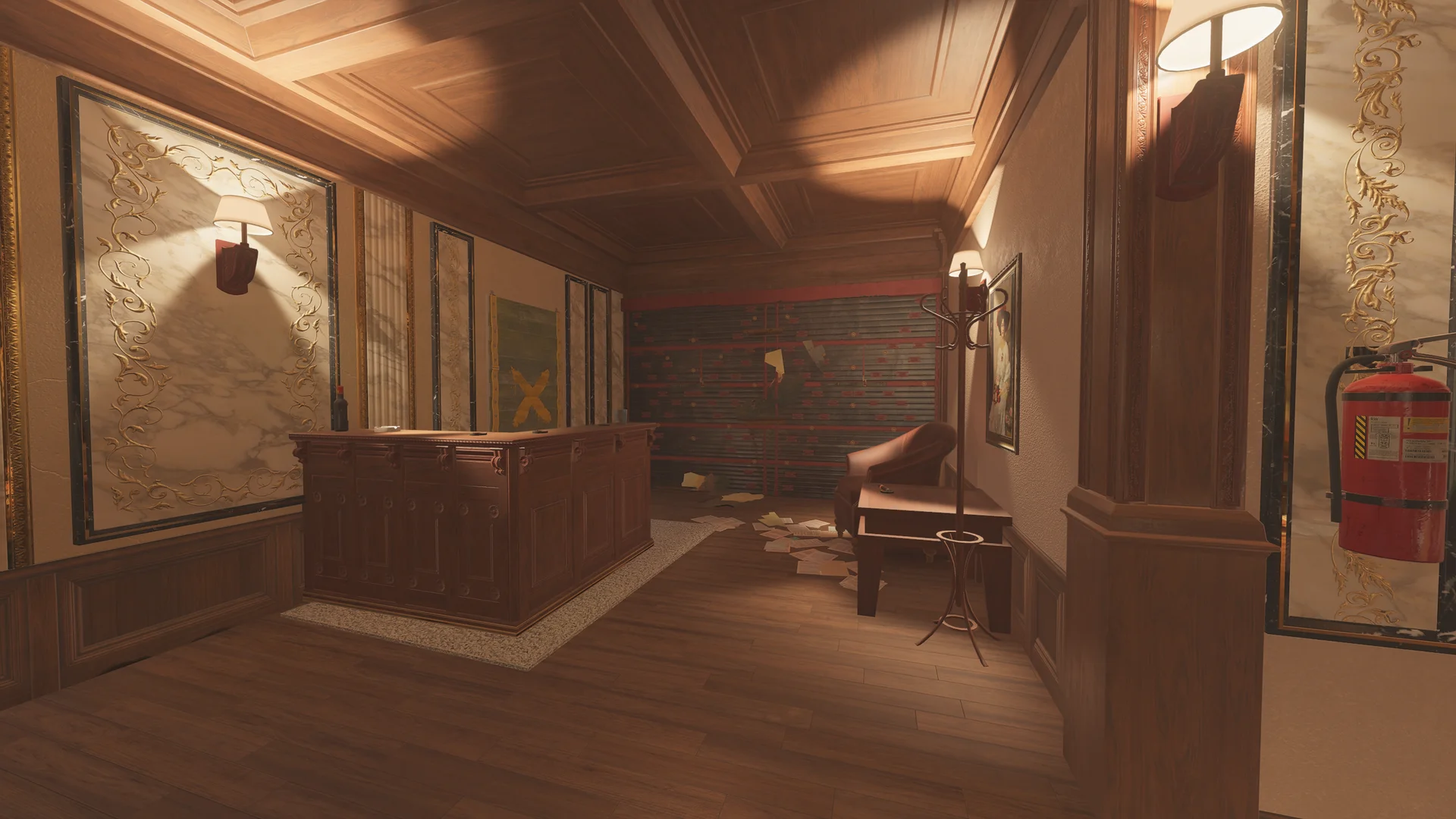 Reception on Kafe Dostoyevsky 3F with a wooden counter, a reinforced shutter, an armchair, a coat rack, and a green panel with a yellow X