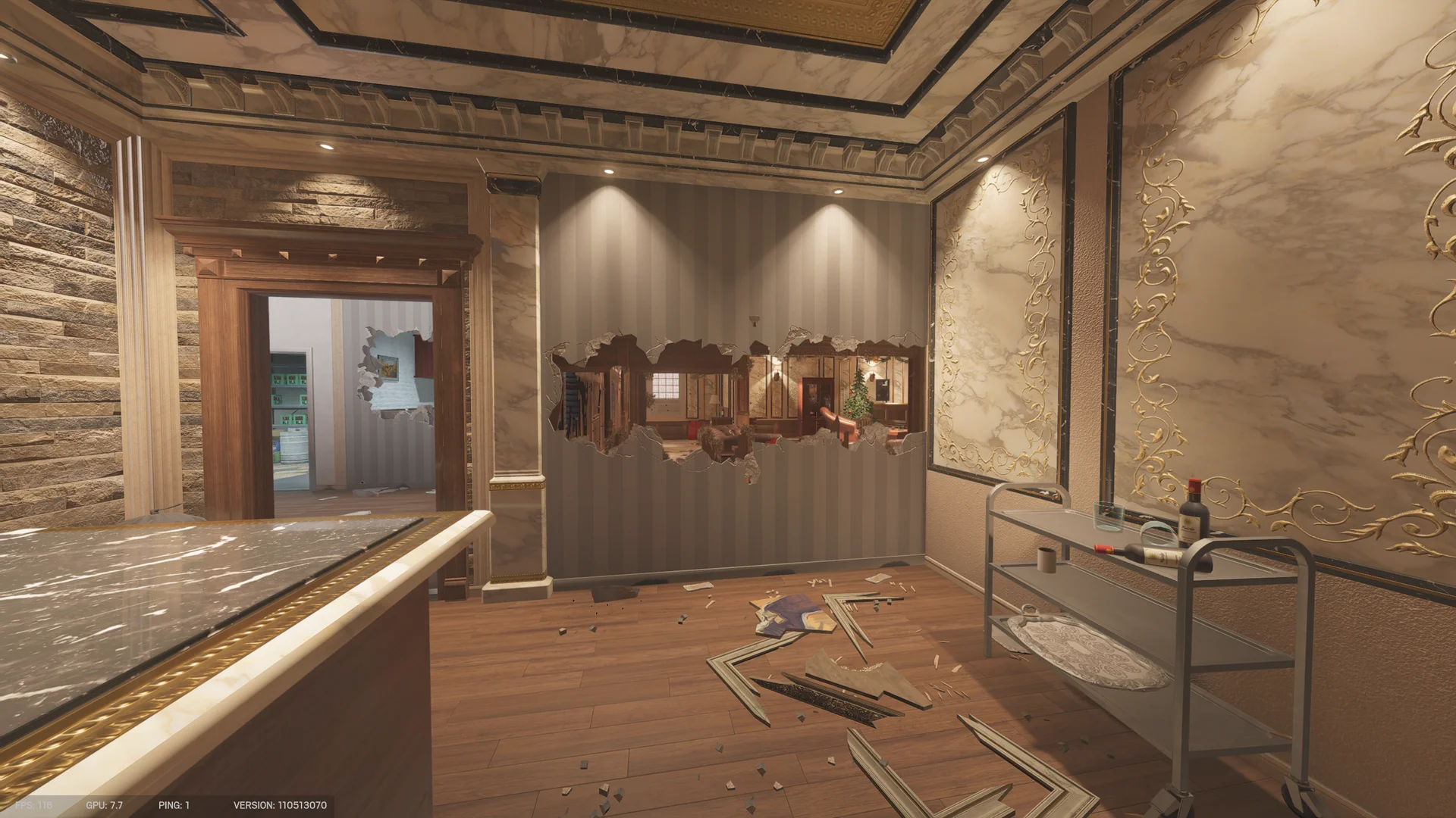 Marble lounge on Kafe Dostoyevsky 3F with large breach holes through a wall, a serving cart, a stone wall, and a marble bar counter