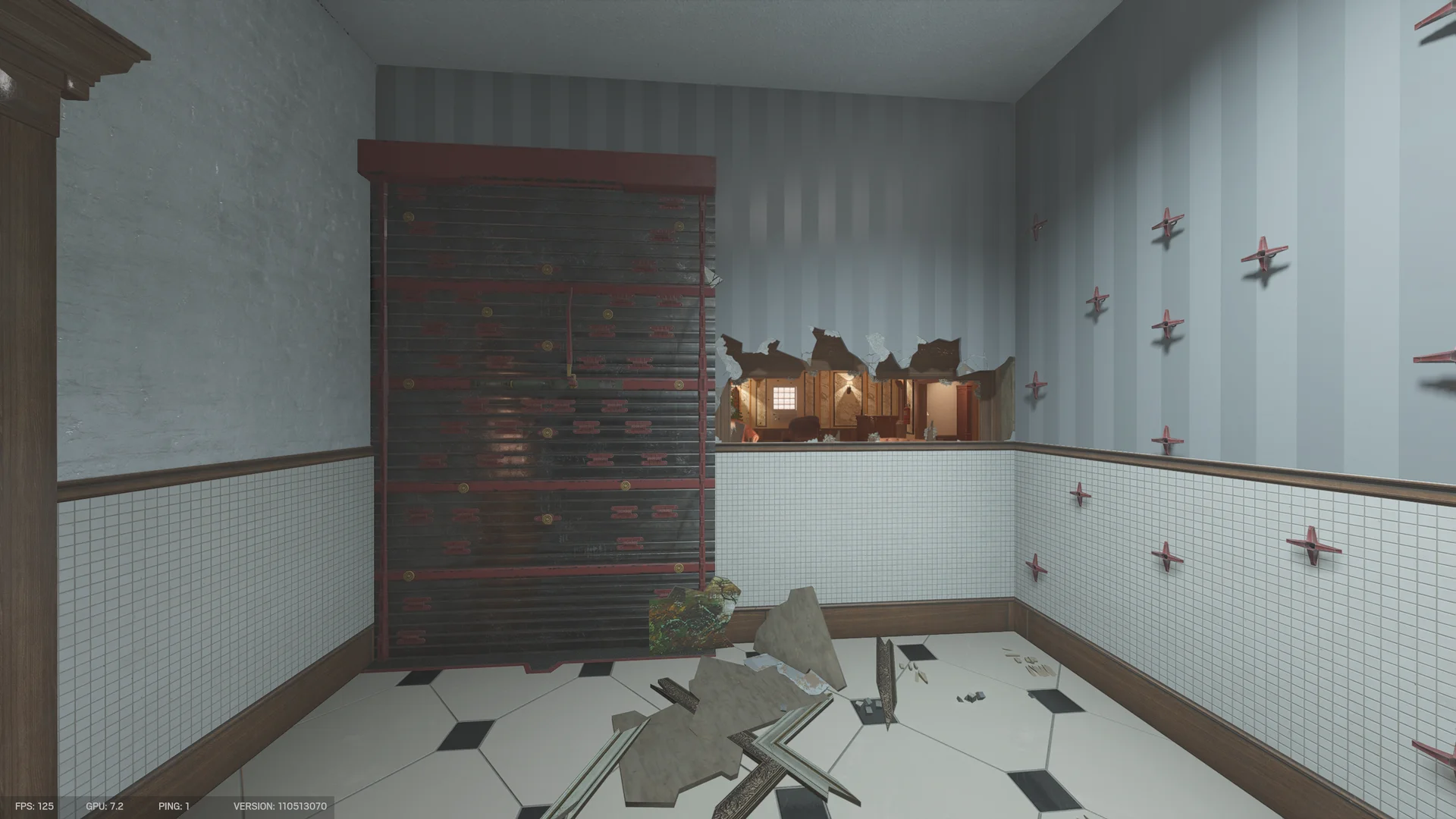 Restroom on Kafe Dostoyevsky 3F with a reinforced shutter, a breach hole through a wall, tiled walls with red X marks, and fallen frames