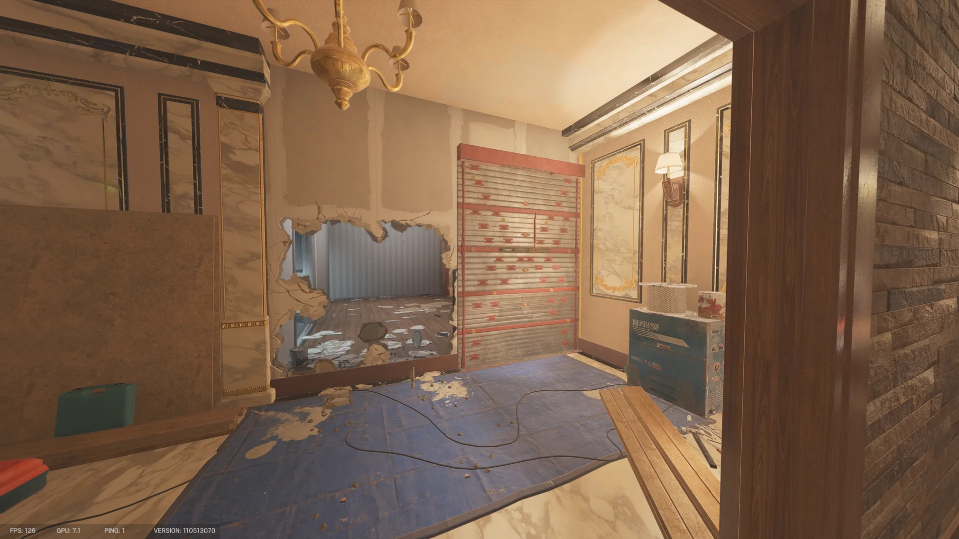 Marble room on Kafe Dostoyevsky 3F with a reinforced shutter, a breach hole through the wall, a blue floor tarp, and a welding machine