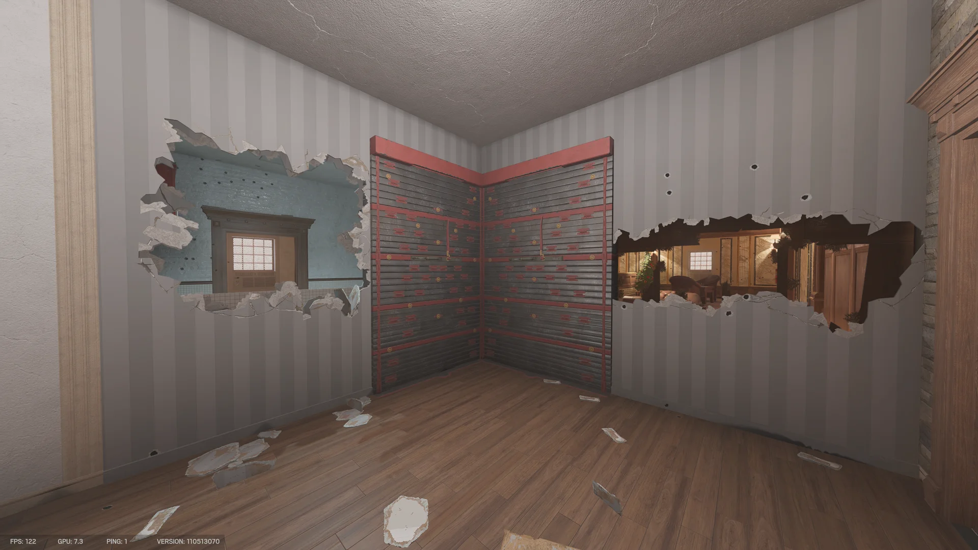 Stripped room on Kafe Dostoyevsky 3F with two breach holes through walls to adjacent rooms, a reinforced corner wall, and drywall debris