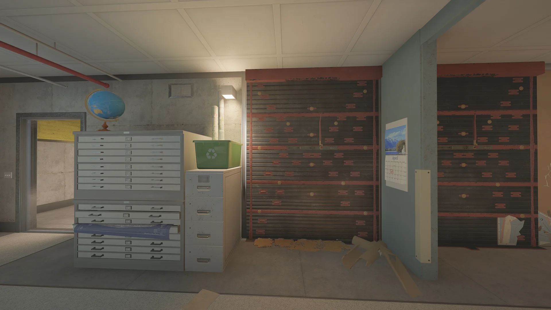Office on Kanal 1F with a flat-file map cabinet topped by a globe, a filing cabinet, two reinforced shutters, and a wall calendar