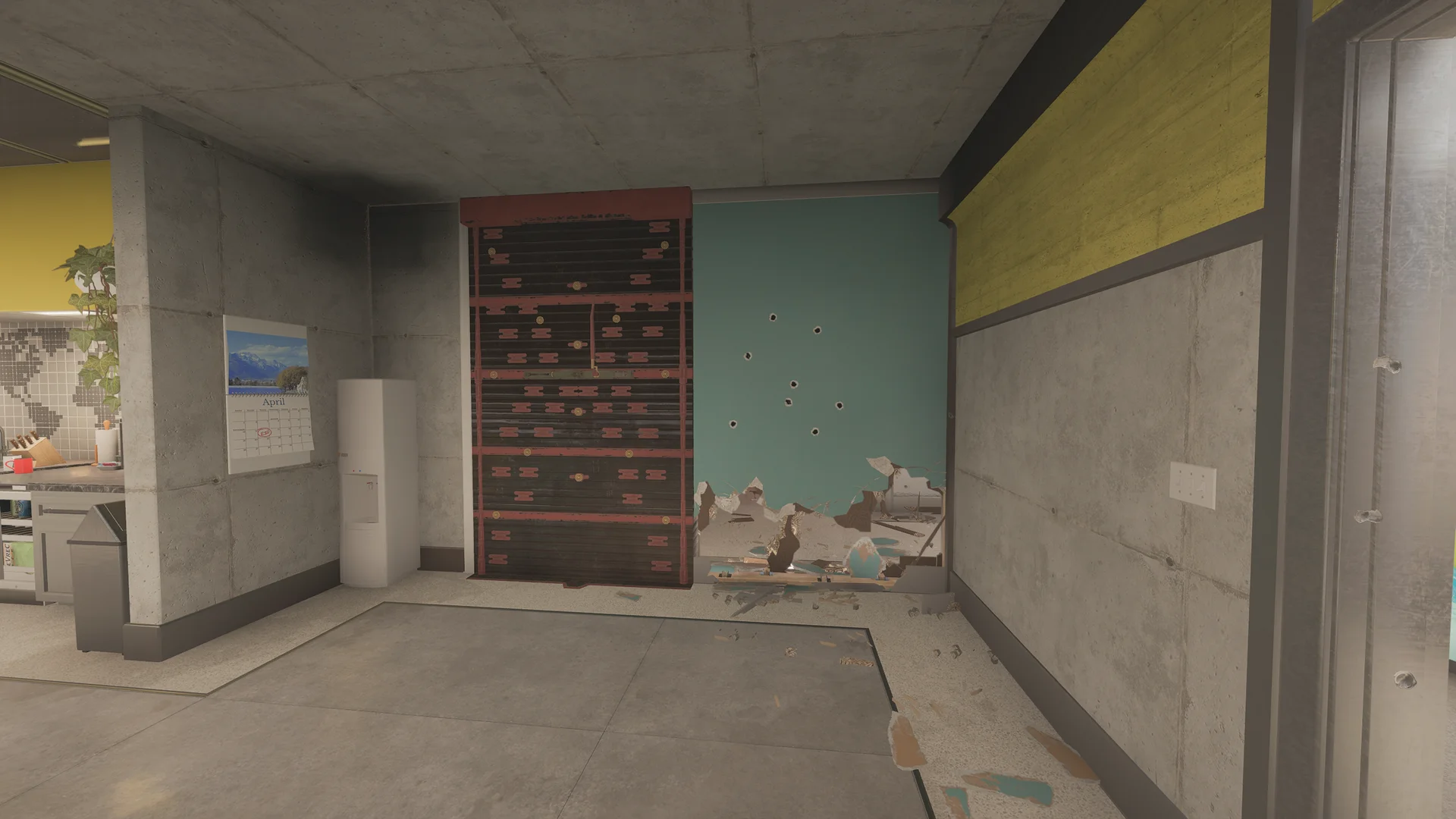 Room on Kanal 1F with a reinforced shutter, a water cooler, a wall calendar, a bullet-riddled wall with a breach hole, and a kitchen beyond