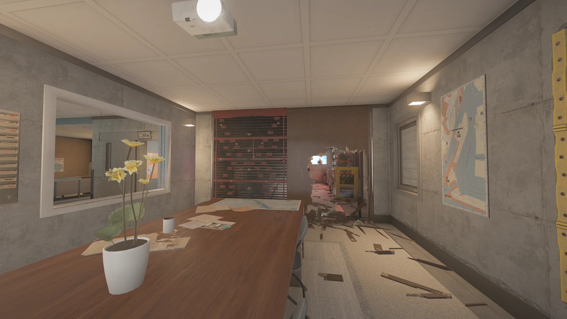 Command room on Kanal 1F with a curved bank of monitors, a console desk with red chairs, city-view windows, and a reinforced floor hatch
