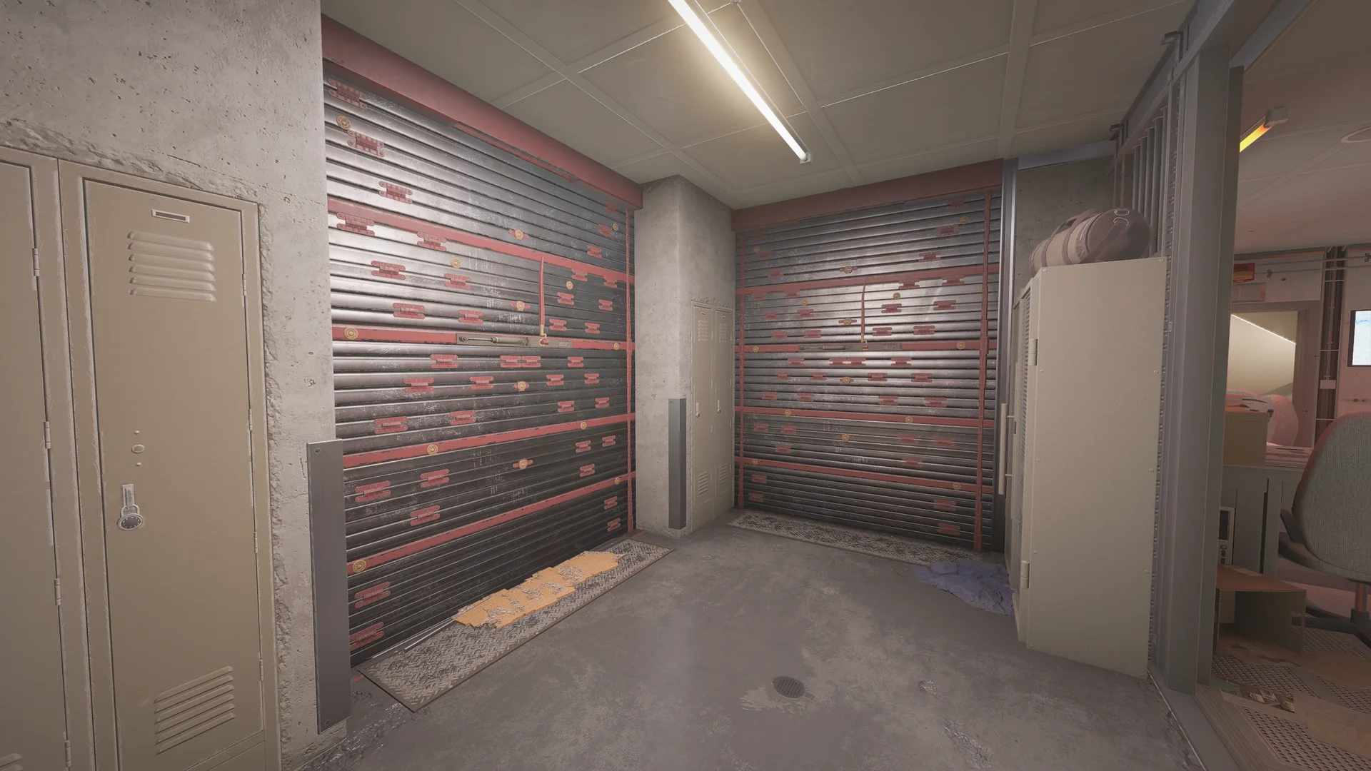 Meeting room on Kanal 1F with a wooden table, folding chairs, an interior window, a reinforced shutter, a breach hole, and a harbor wall map