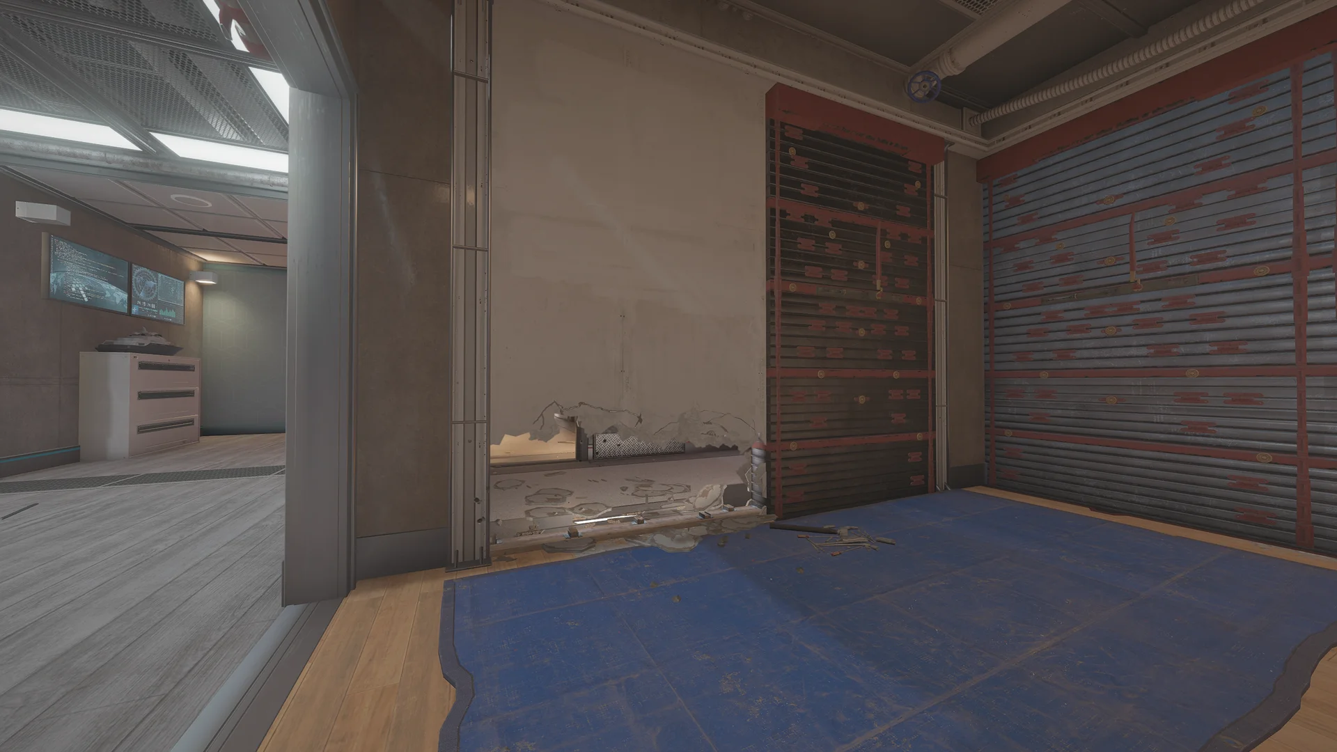 Room on Kanal 2F with two reinforced shutters, a patched wall with a low breach hole, a floor tarp, and an opening to a corridor