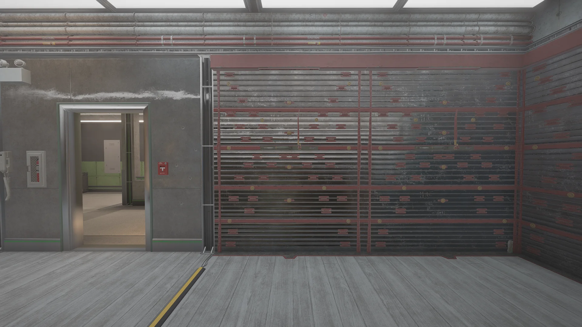 Room on Kanal 2F with large reinforced shutters across two walls, a metal doorway to a corridor, and a fire extinguisher cabinet