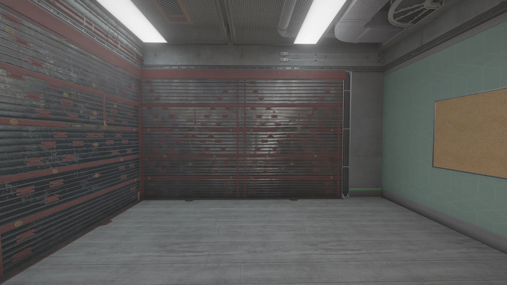 Storage room on Kanal 2F with reinforced shutters across two walls, a green tiled wall with a corkboard, ceiling pipes, and a wall fan