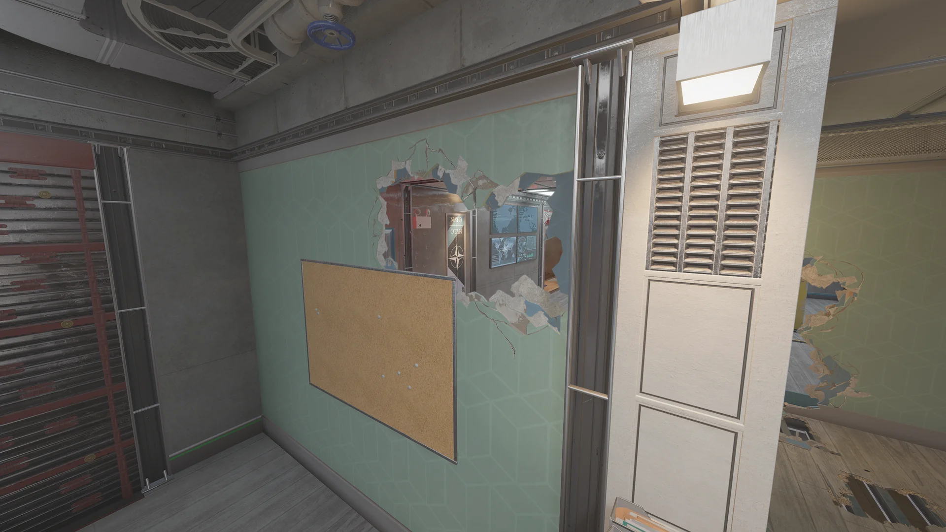 Office on Kanal 2F with a green tiled wall, a corkboard, a breach hole revealing a NATO banner and a map monitor, and a reinforced shutter