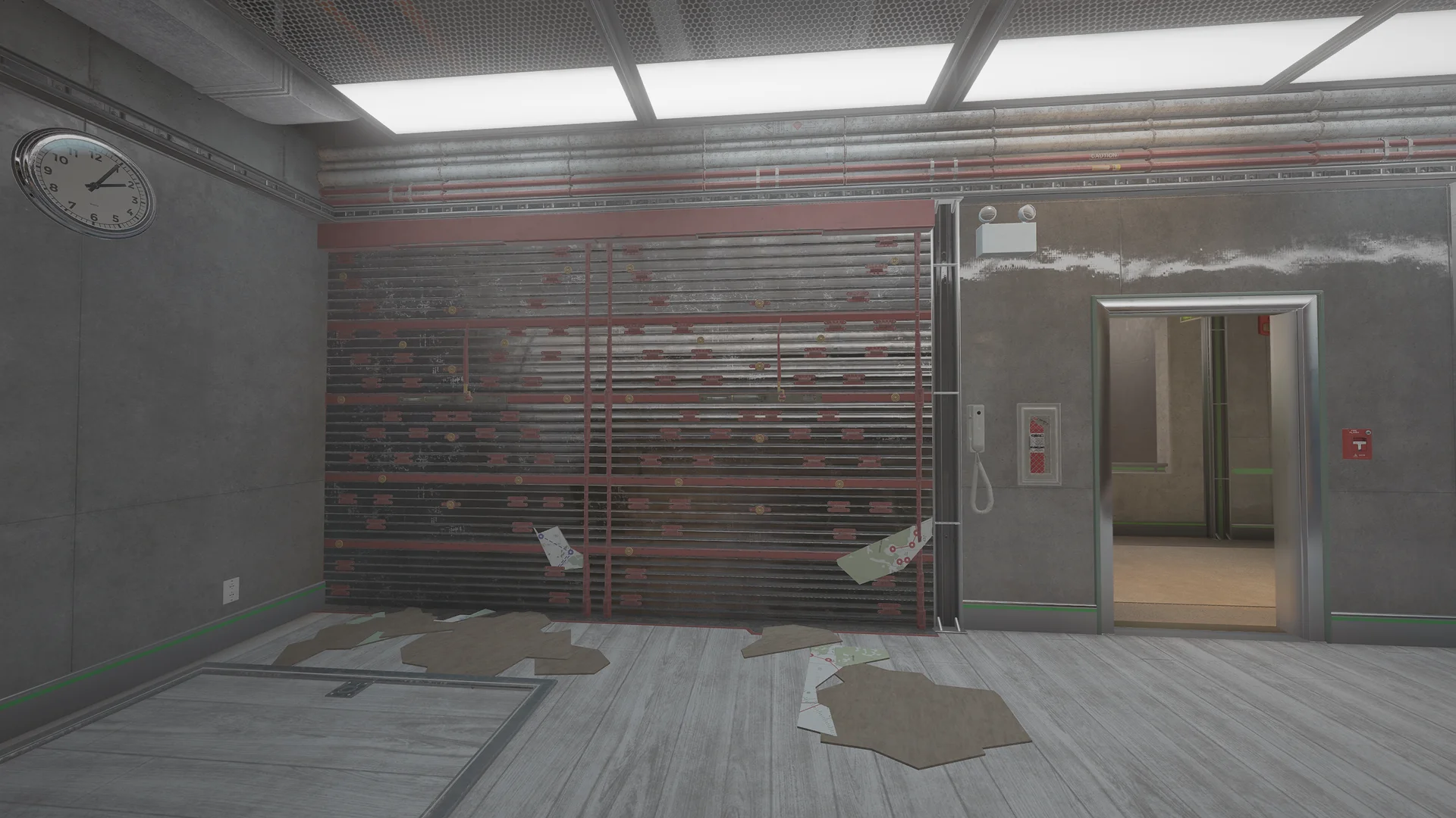 Room on Kanal 2F with a reinforced shutter, a wall clock, a reinforced floor hatch, a metal doorway, and fallen tiles on the floor