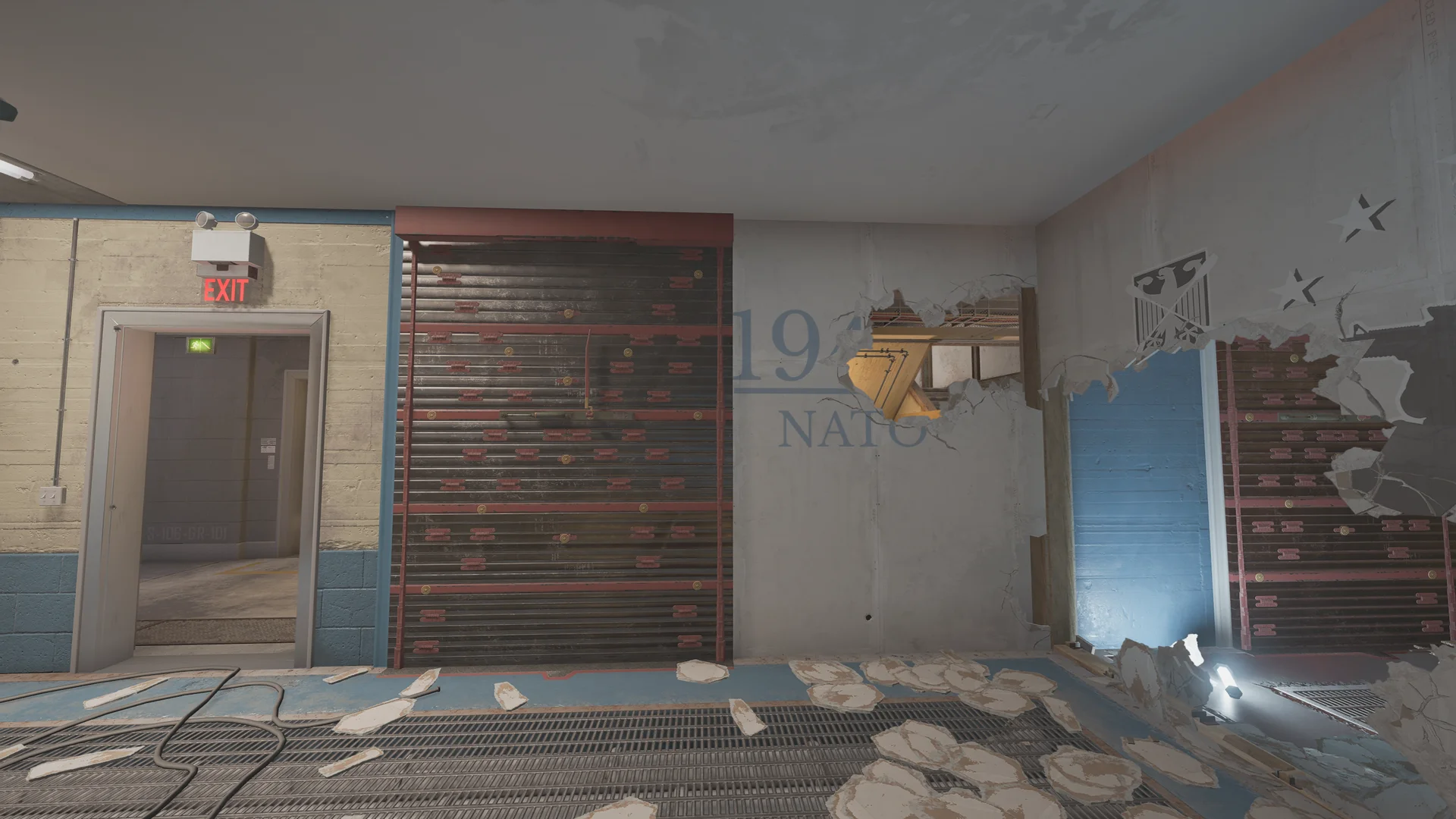 Room in the Kanal basement with two reinforced shutters, an EXIT doorway, a NATO wall emblem, a wall breach hole, and a floor grate