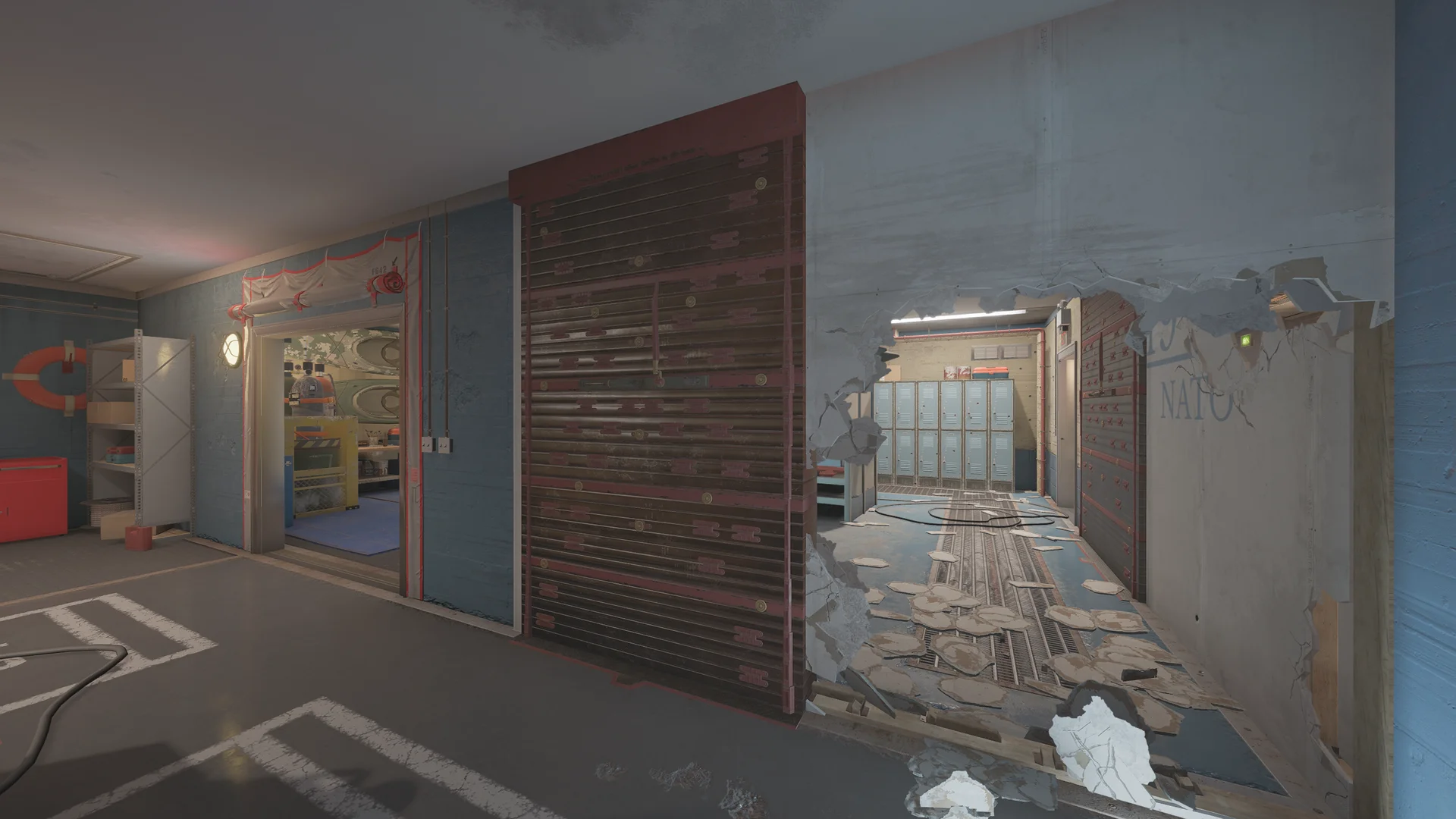 Storage room in the Kanal basement with shelving of life vests, a reinforced shutter, a doorway, and a breach hole to a corridor of lockers
