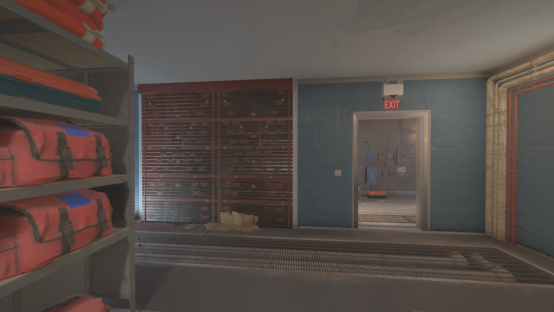 Storage room in the Kanal basement with shelving of life-vest bags, a reinforced shutter, an EXIT doorway, and a floor grate