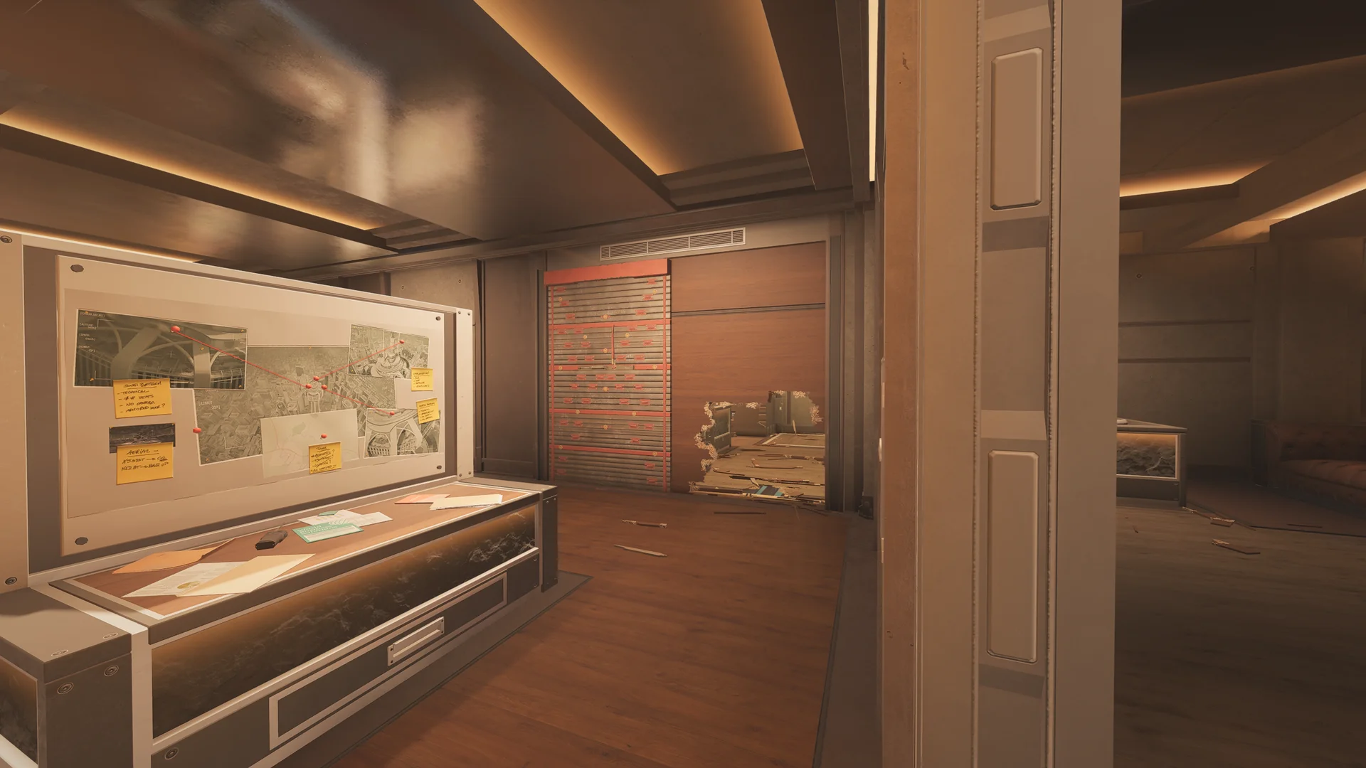 Study on Lair 2F with a lit display case, a pinboard of maps and photos linked by string, a reinforced shutter, and a wall breach hole