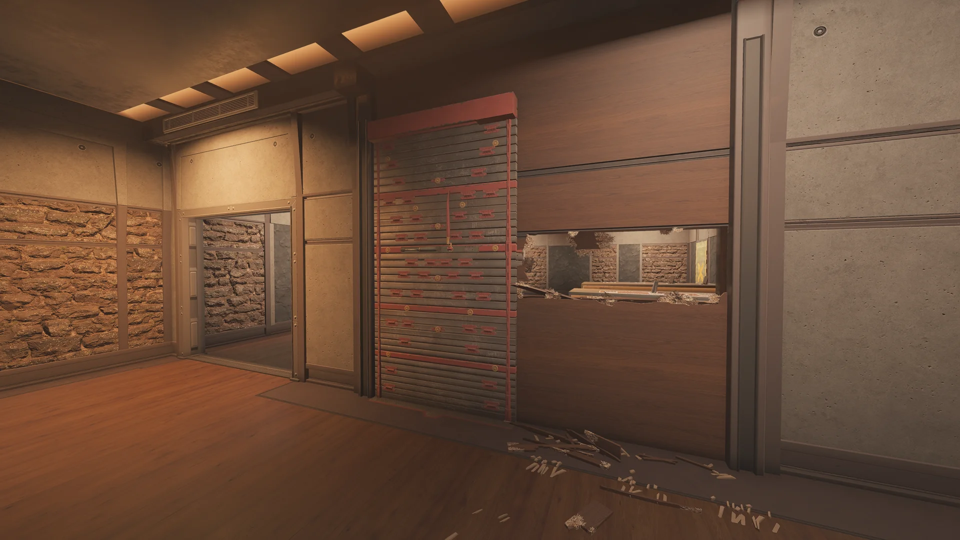 Room on Lair 2F with a reinforced shutter, a wood-panel wall with a breach hole, a doorway to a stone corridor, and debris on the floor
