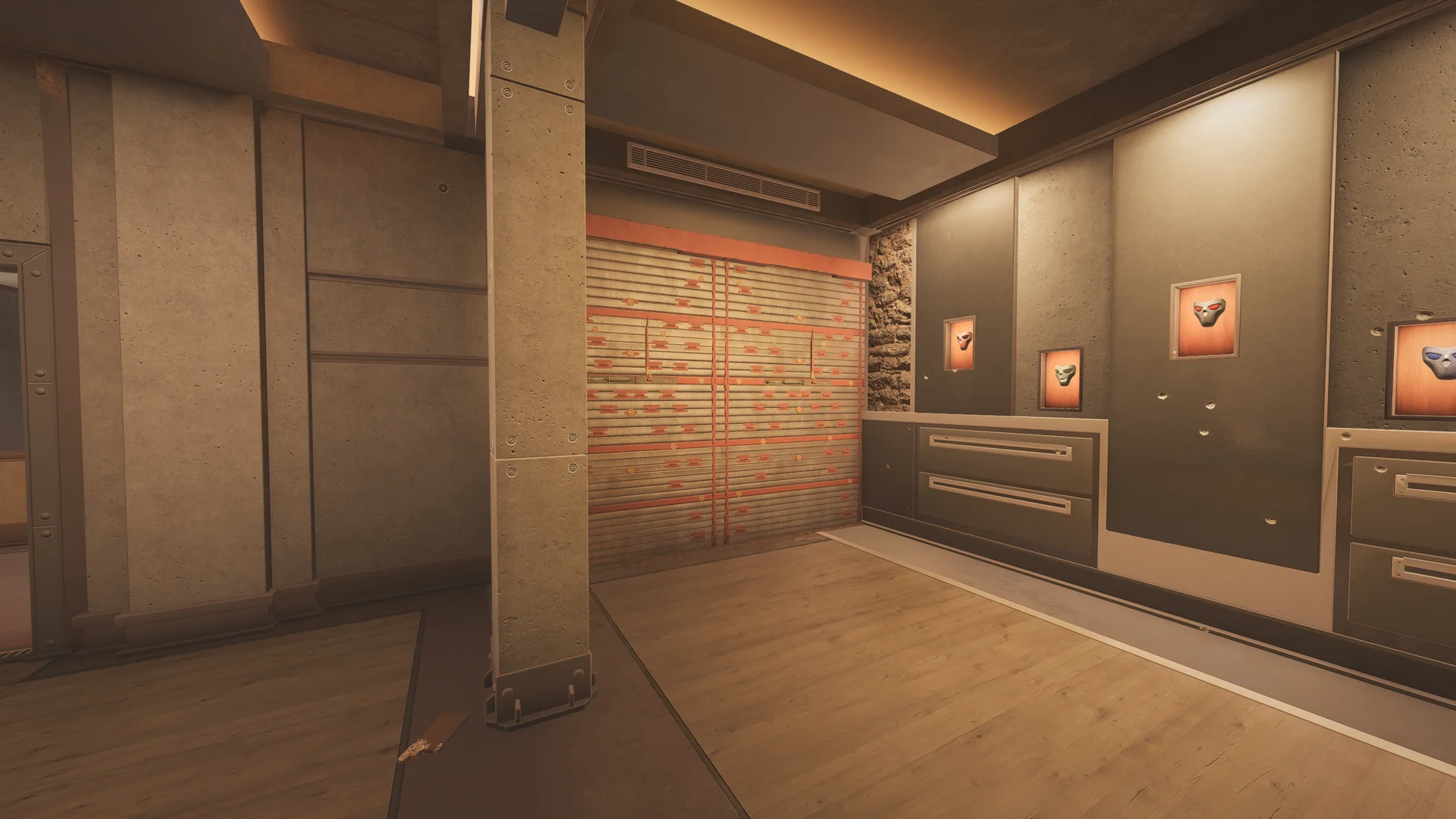 Display room on Lair 2F with framed skull masks in lit recesses, a reinforced shutter, a stainless drawer cabinet, and a concrete pillar